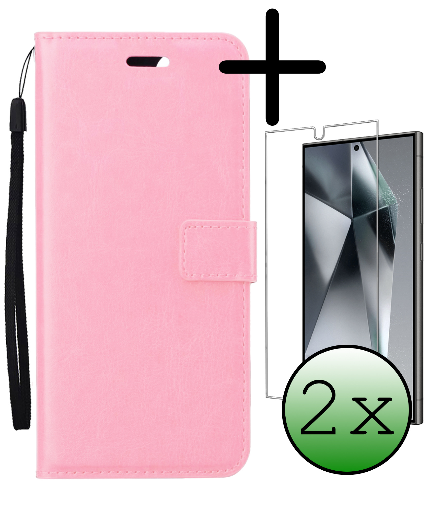 BASEY. Hoes Geschikt voor Samsung S24 Ultra Hoesje Bookcase Hoes Flip Case Book Cover Met 2x Screenprotector - Hoesje Geschikt voor Samsung Galaxy S24 Ultra Hoes Book Case Hoesje - Lichtroze