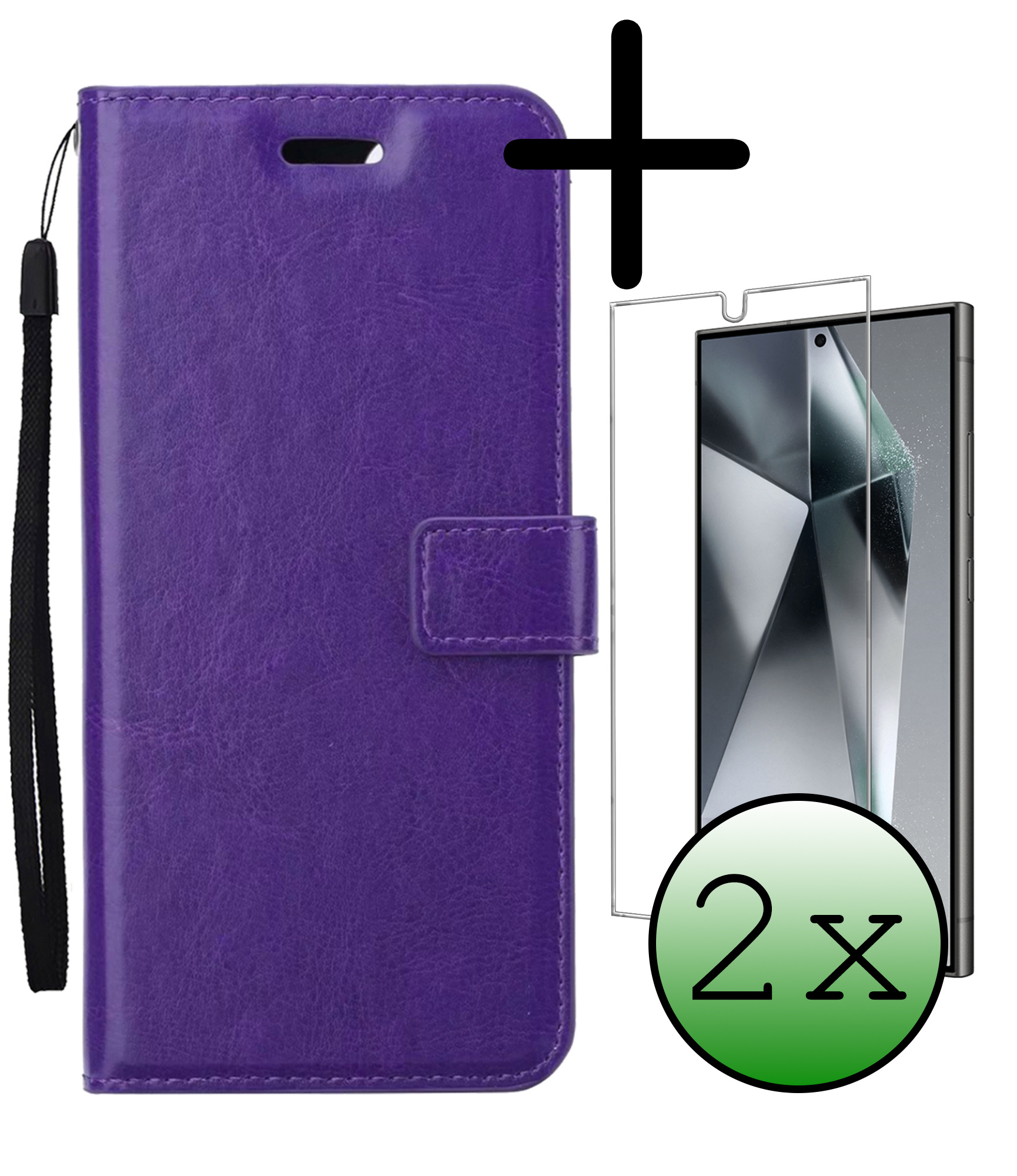 BASEY. Hoes Geschikt voor Samsung S24 Ultra Hoesje Bookcase Hoes Flip Case Book Cover Met 2x Screenprotector - Hoesje Geschikt voor Samsung Galaxy S24 Ultra Hoes Book Case Hoesje - Paars
