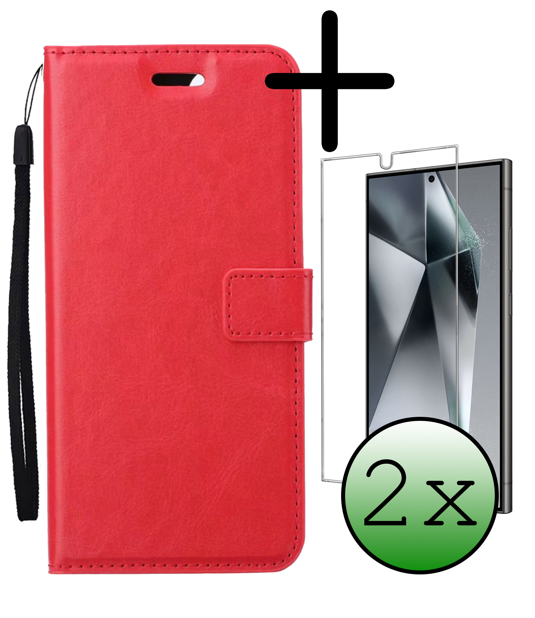 BASEY. Hoes Geschikt voor Samsung S24 Ultra Hoesje Bookcase Hoes Flip Case Book Cover Met 2x Screenprotector - Hoesje Geschikt voor Samsung Galaxy S24 Ultra Hoes Book Case Hoesje - Rood