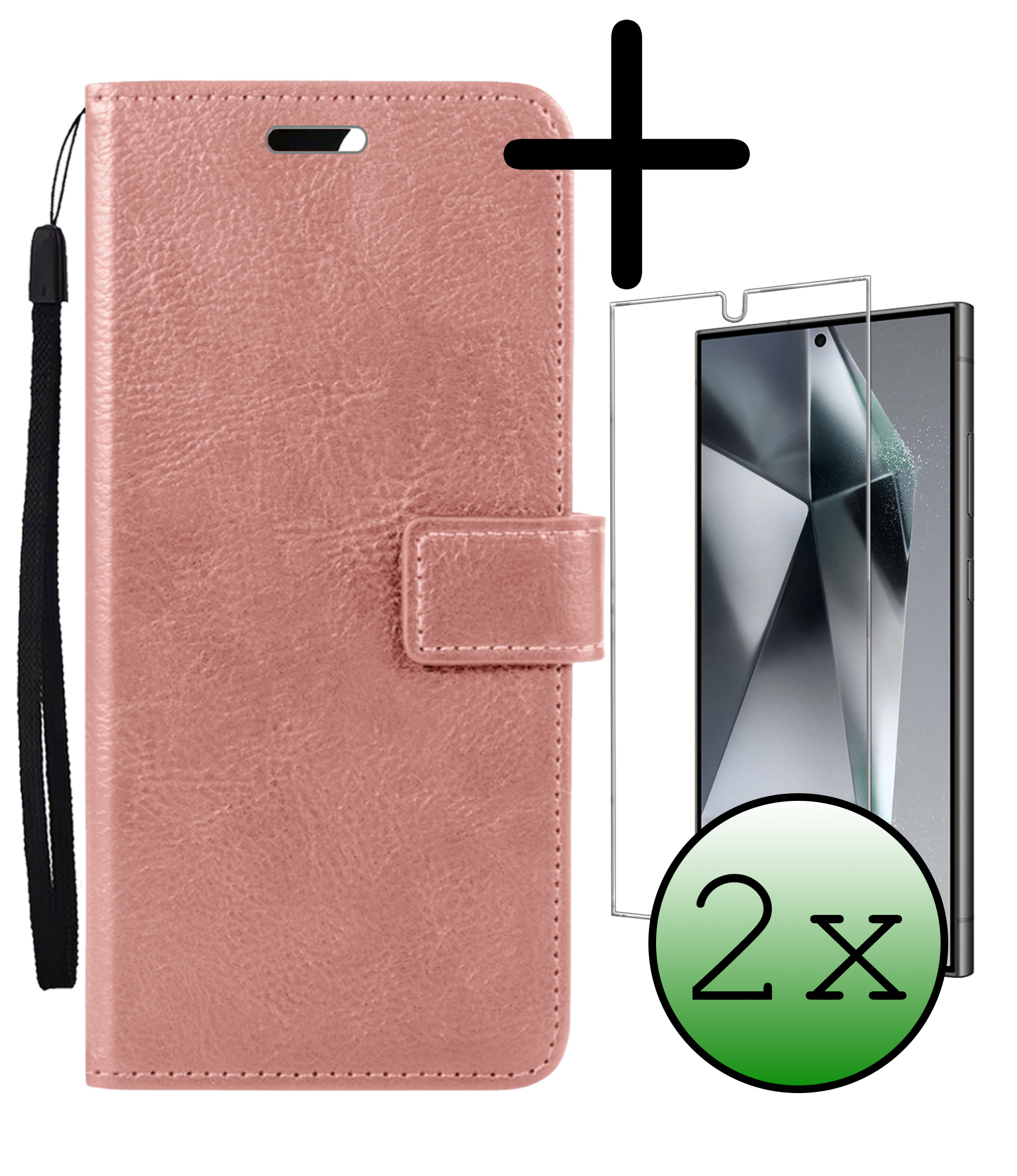 BASEY. Hoes Geschikt voor Samsung S24 Ultra Hoesje Bookcase Hoes Flip Case Book Cover Met 2x Screenprotector - Hoesje Geschikt voor Samsung Galaxy S24 Ultra Hoes Book Case Hoesje - Rosé goud