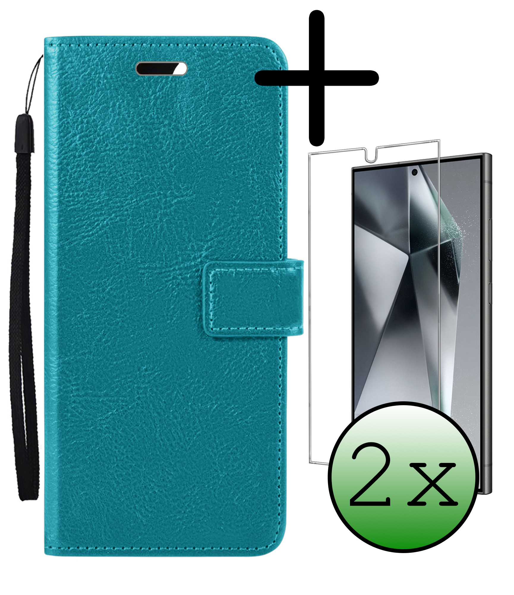 BASEY. Hoes Geschikt voor Samsung S24 Ultra Hoesje Bookcase Hoes Flip Case Book Cover Met 2x Screenprotector - Hoesje Geschikt voor Samsung Galaxy S24 Ultra Hoes Book Case Hoesje - Turquoise