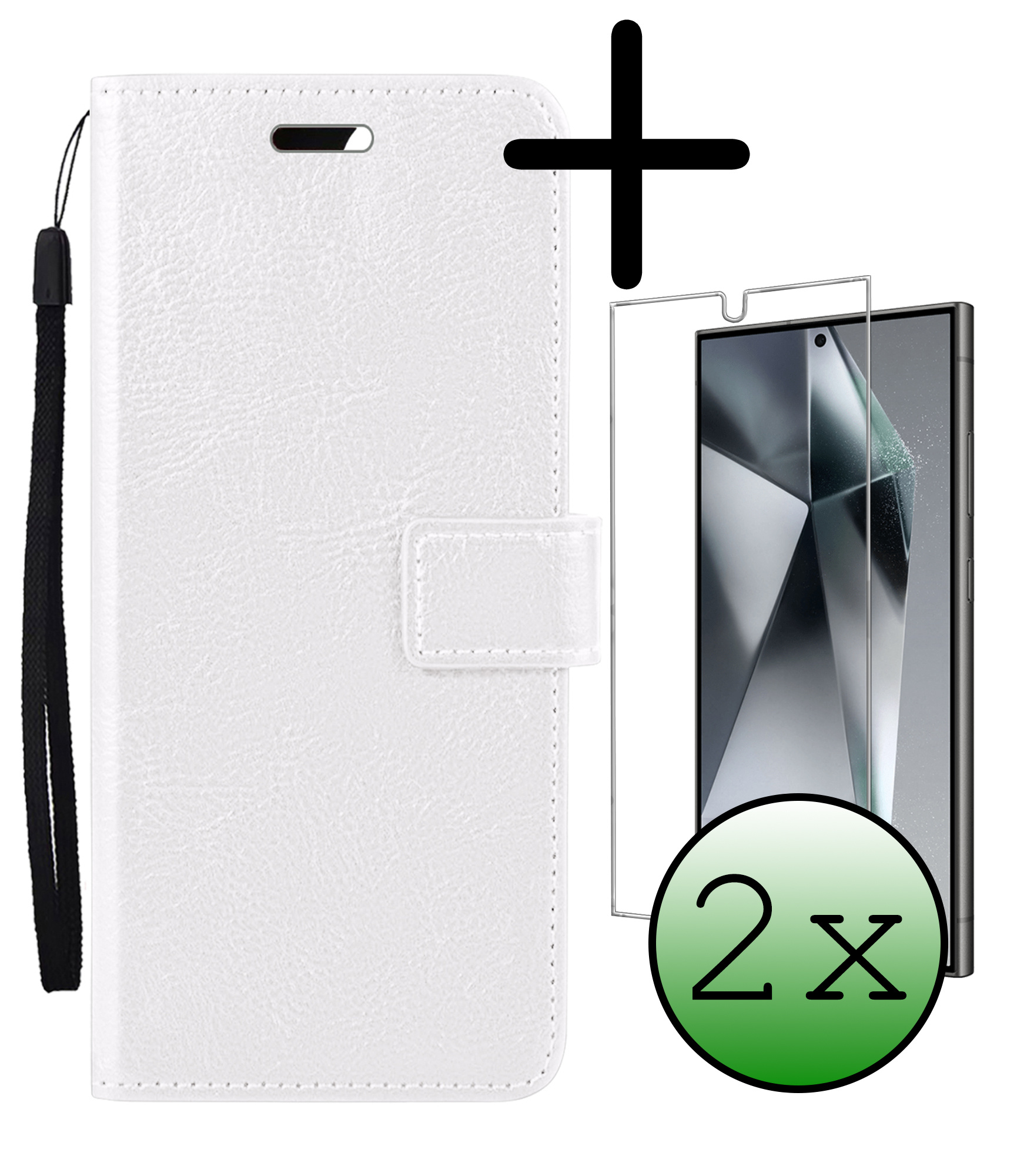BASEY. Hoes Geschikt voor Samsung S24 Ultra Hoesje Bookcase Hoes Flip Case Book Cover Met 2x Screenprotector - Hoesje Geschikt voor Samsung Galaxy S24 Ultra Hoes Book Case Hoesje - Wit