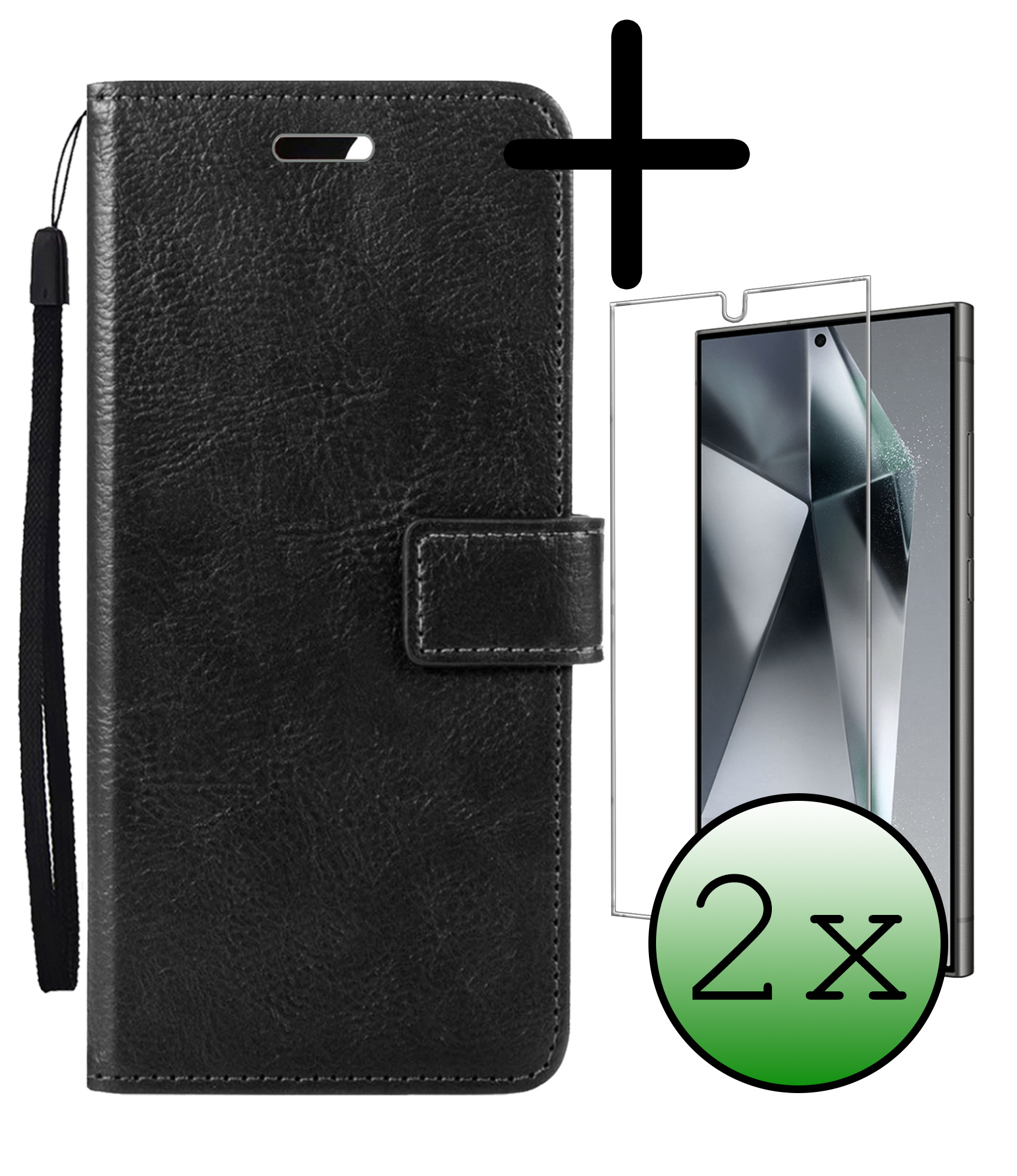BASEY. Hoes Geschikt voor Samsung S24 Ultra Hoesje Bookcase Hoes Flip Case Book Cover Met 2x Screenprotector - Hoesje Geschikt voor Samsung Galaxy S24 Ultra Hoes Book Case Hoesje - Zwart