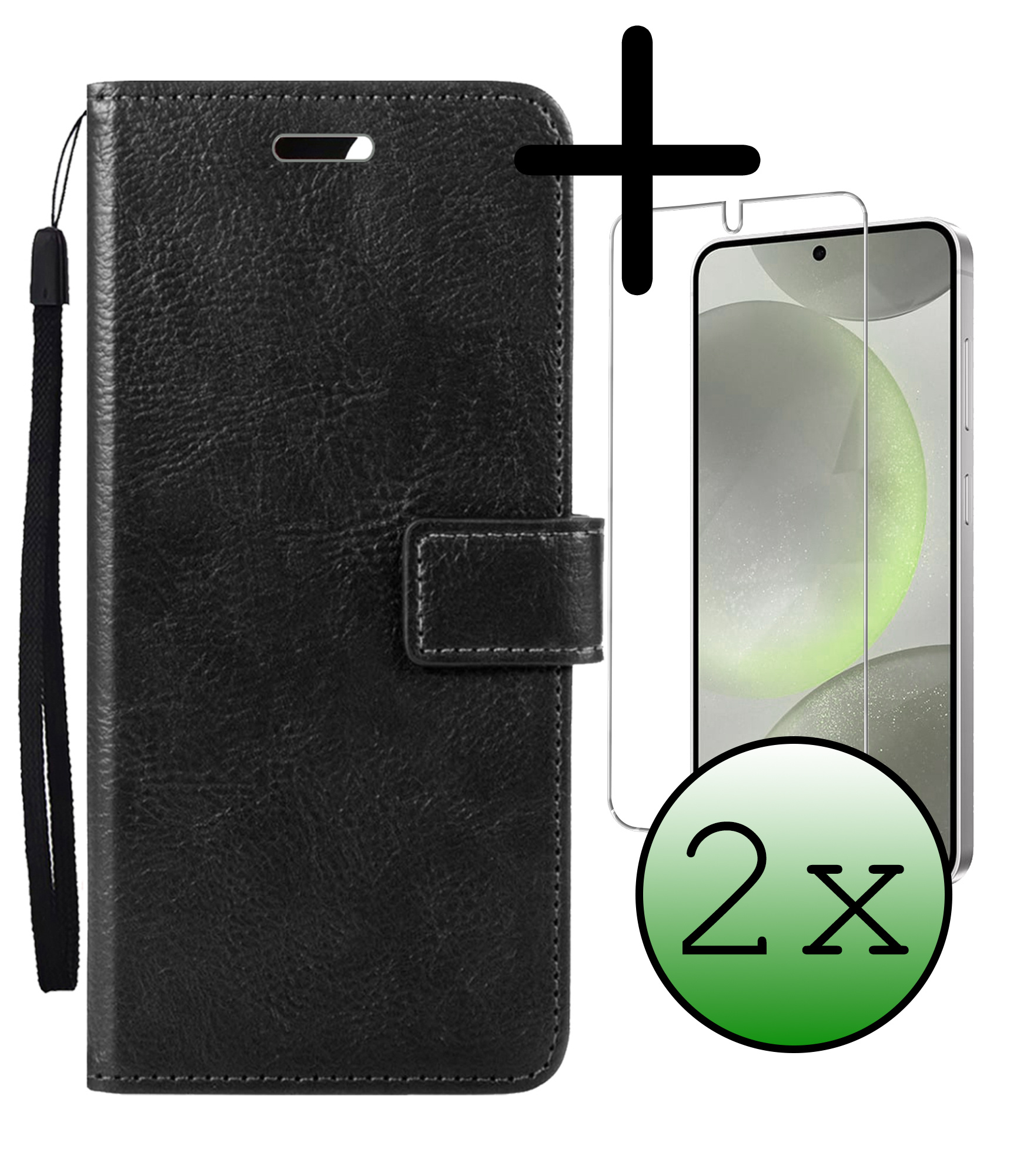 BASEY. Hoes Geschikt voor Samsung S24 Plus Hoesje Bookcase Hoes Flip Case Book Cover Met 2x Screenprotector - Hoesje Geschikt voor Samsung Galaxy S24 Plus Hoes Book Case Hoesje - Zwart