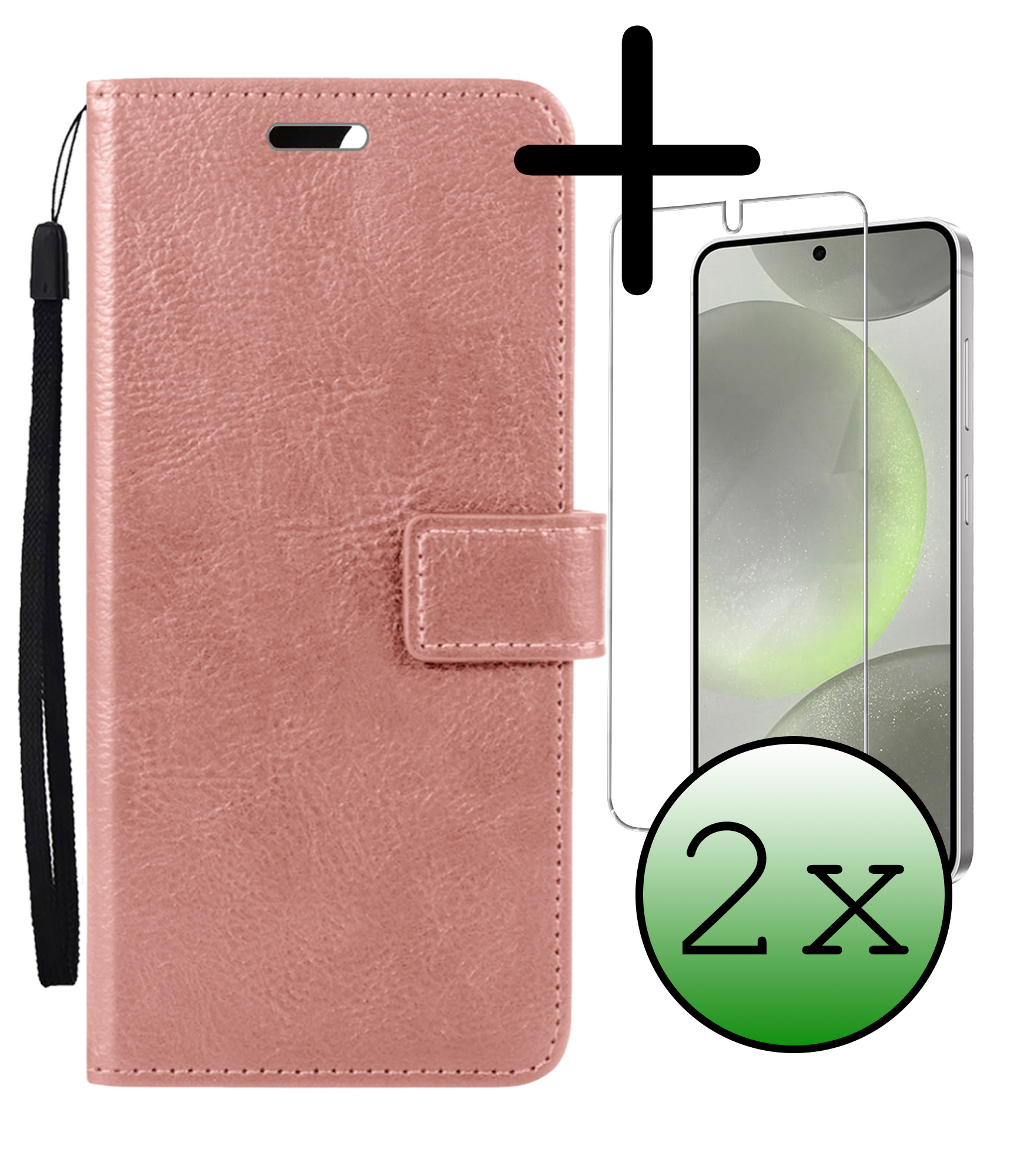 BASEY. Hoes Geschikt voor Samsung S24 Plus Hoesje Bookcase Hoes Flip Case Book Cover Met 2x Screenprotector - Hoesje Geschikt voor Samsung Galaxy S24 Plus Hoes Book Case Hoesje - Rosé goud