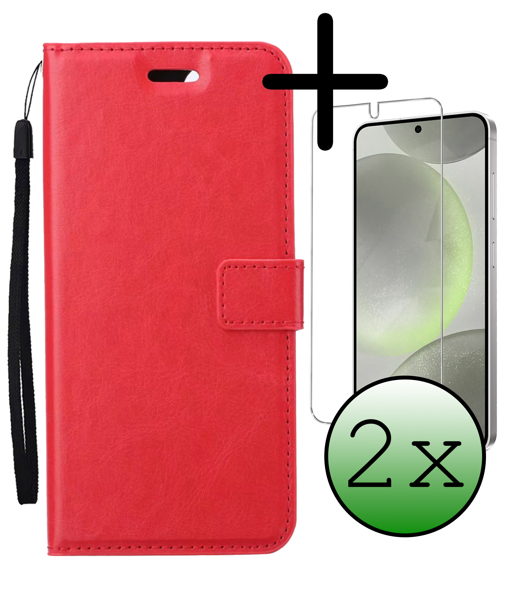 BASEY. Hoes Geschikt voor Samsung S24 Plus Hoesje Bookcase Hoes Flip Case Book Cover Met 2x Screenprotector - Hoesje Geschikt voor Samsung Galaxy S24 Plus Hoes Book Case Hoesje - Rood
