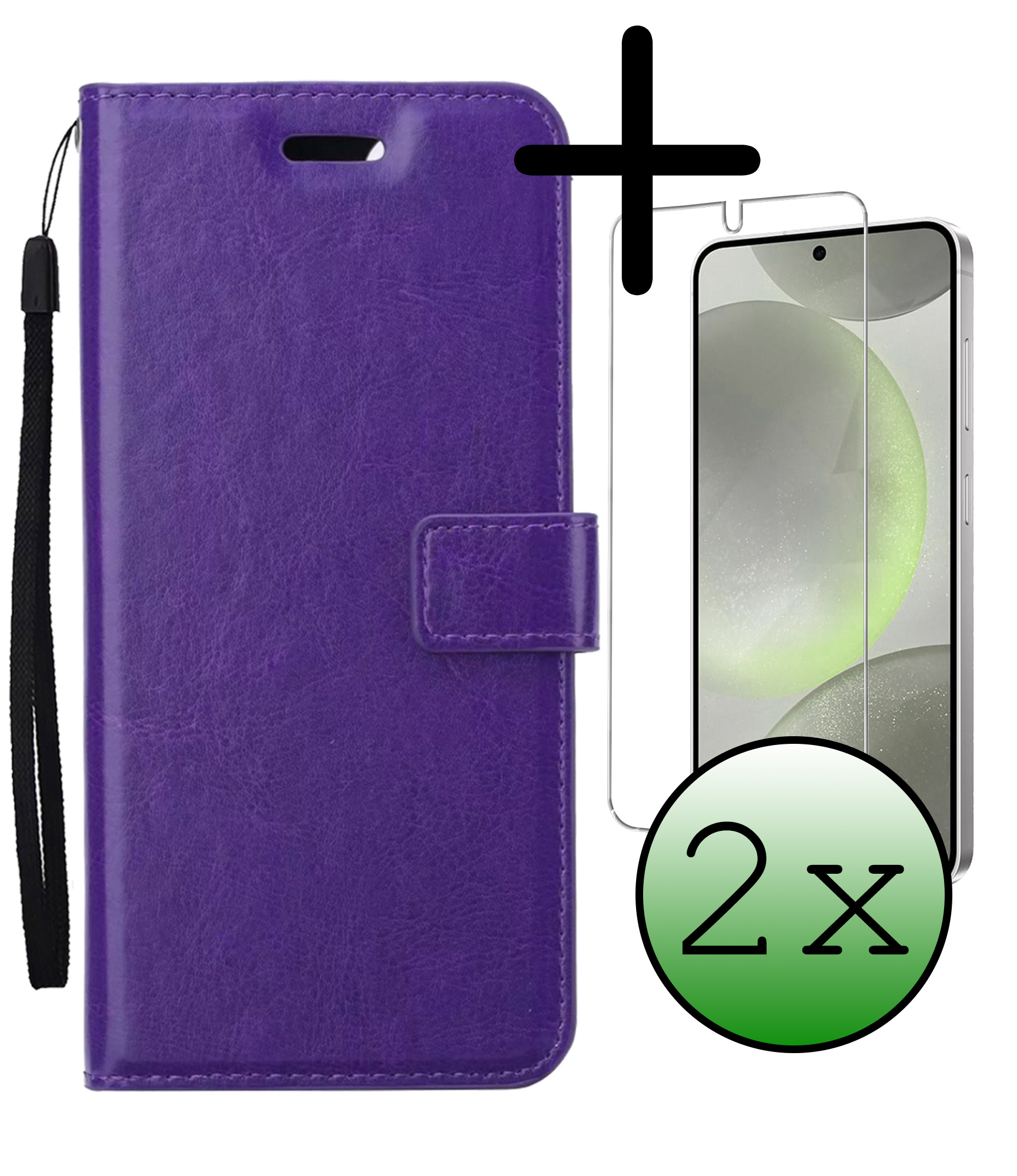 BASEY. Hoes Geschikt voor Samsung S24 Plus Hoesje Bookcase Hoes Flip Case Book Cover Met 2x Screenprotector - Hoesje Geschikt voor Samsung Galaxy S24 Plus Hoes Book Case Hoesje - Paars