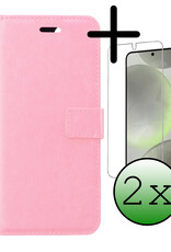 BASEY. Hoes Geschikt voor Samsung S24 Plus Hoesje Bookcase Hoes Flip Case Book Cover Met 2x Screenprotector - Hoesje Geschikt voor Samsung Galaxy S24 Plus Hoes Book Case Hoesje - Lichtroze