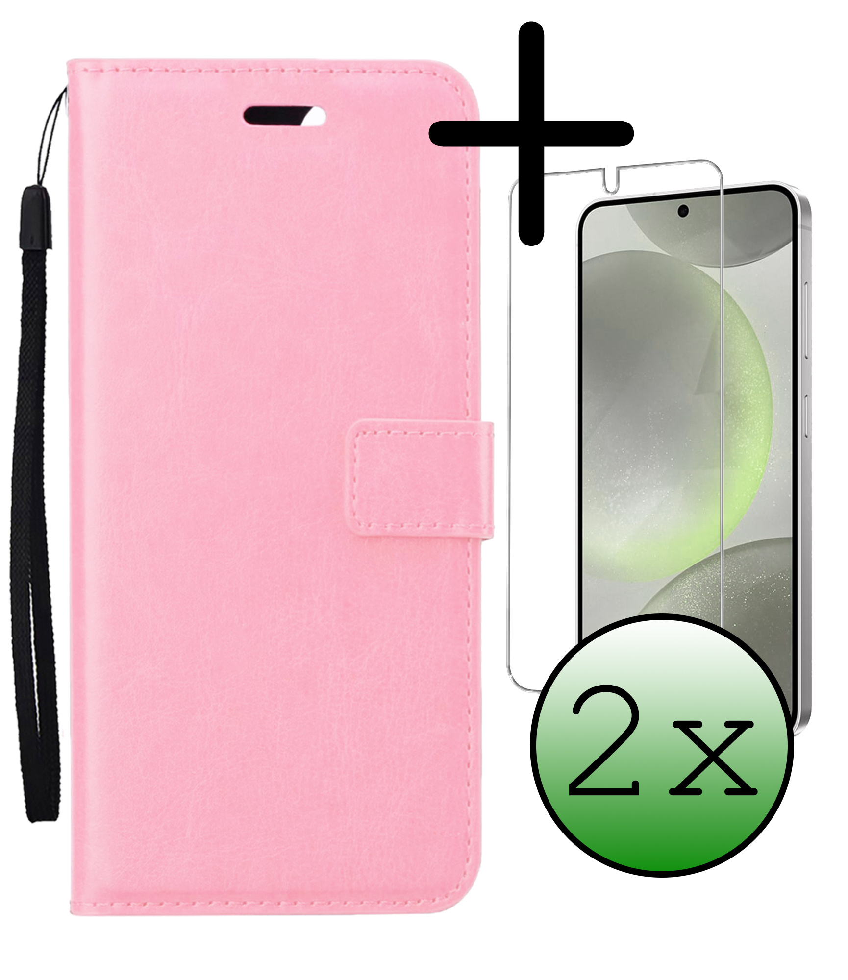 BASEY. Hoes Geschikt voor Samsung S24 Plus Hoesje Bookcase Hoes Flip Case Book Cover Met 2x Screenprotector - Hoesje Geschikt voor Samsung Galaxy S24 Plus Hoes Book Case Hoesje - Lichtroze