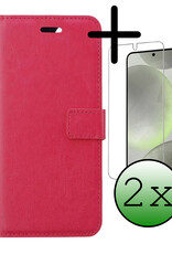 BASEY. Hoes Geschikt voor Samsung S24 Plus Hoesje Bookcase Hoes Flip Case Book Cover Met 2x Screenprotector - Hoesje Geschikt voor Samsung Galaxy S24 Plus Hoes Book Case Hoesje - Donkerroze