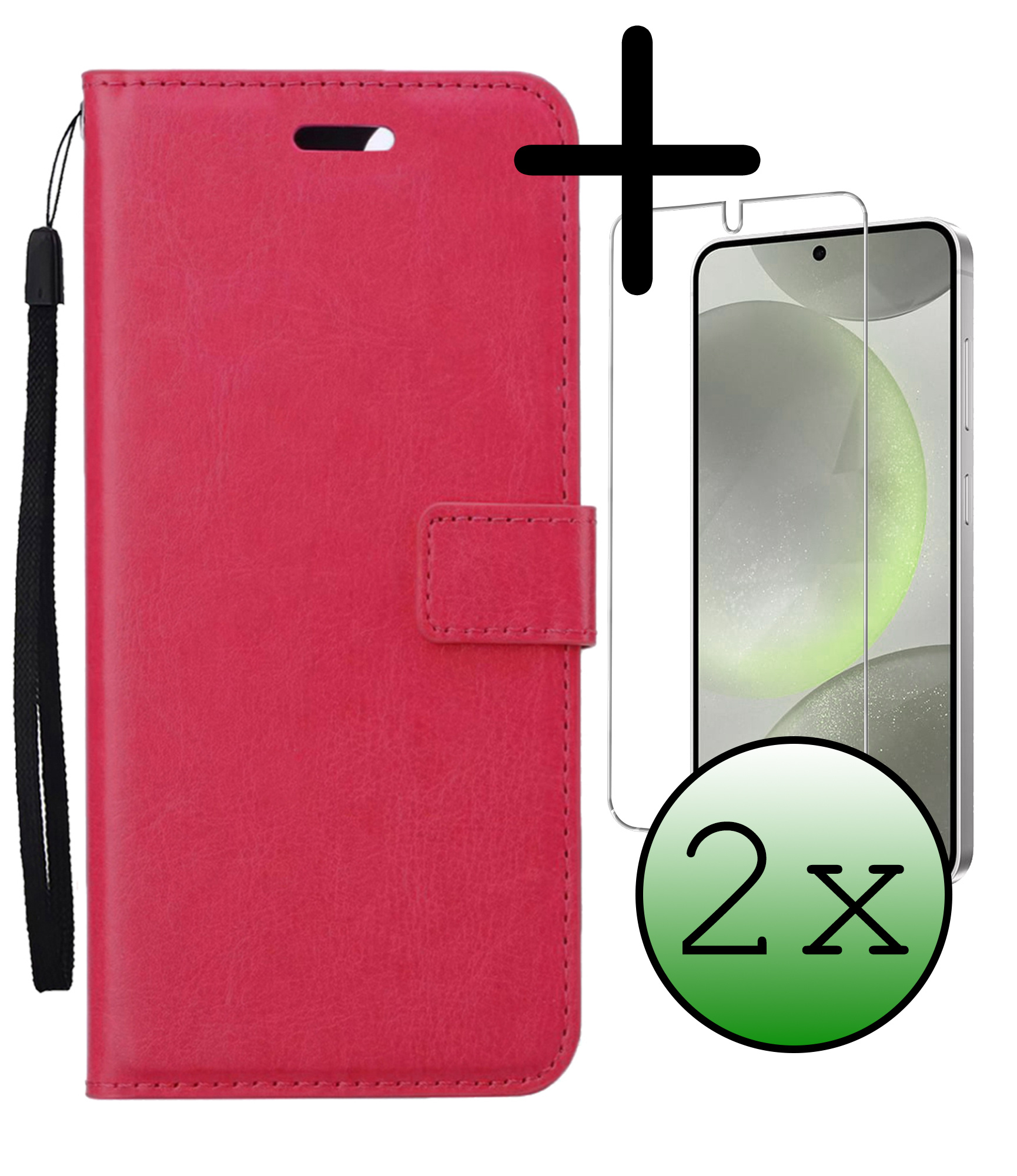BASEY. Hoes Geschikt voor Samsung S24 Plus Hoesje Bookcase Hoes Flip Case Book Cover Met 2x Screenprotector - Hoesje Geschikt voor Samsung Galaxy S24 Plus Hoes Book Case Hoesje - Donkerroze