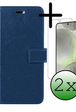 BASEY. Hoes Geschikt voor Samsung S24 Plus Hoesje Bookcase Hoes Flip Case Book Cover Met 2x Screenprotector - Hoesje Geschikt voor Samsung Galaxy S24 Plus Hoes Book Case Hoesje - Donkerblauw