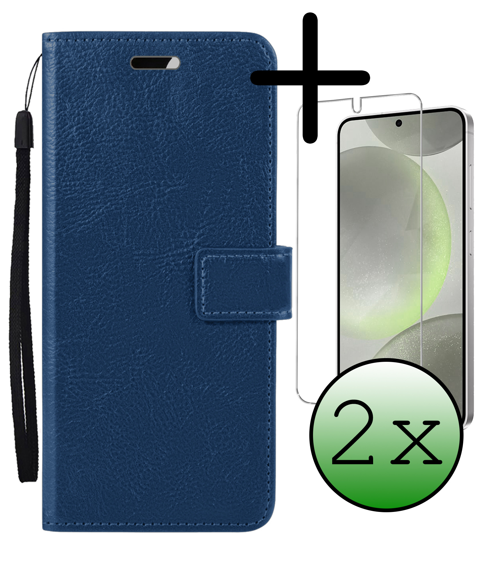 BASEY. Hoes Geschikt voor Samsung S24 Plus Hoesje Bookcase Hoes Flip Case Book Cover Met 2x Screenprotector - Hoesje Geschikt voor Samsung Galaxy S24 Plus Hoes Book Case Hoesje - Donkerblauw