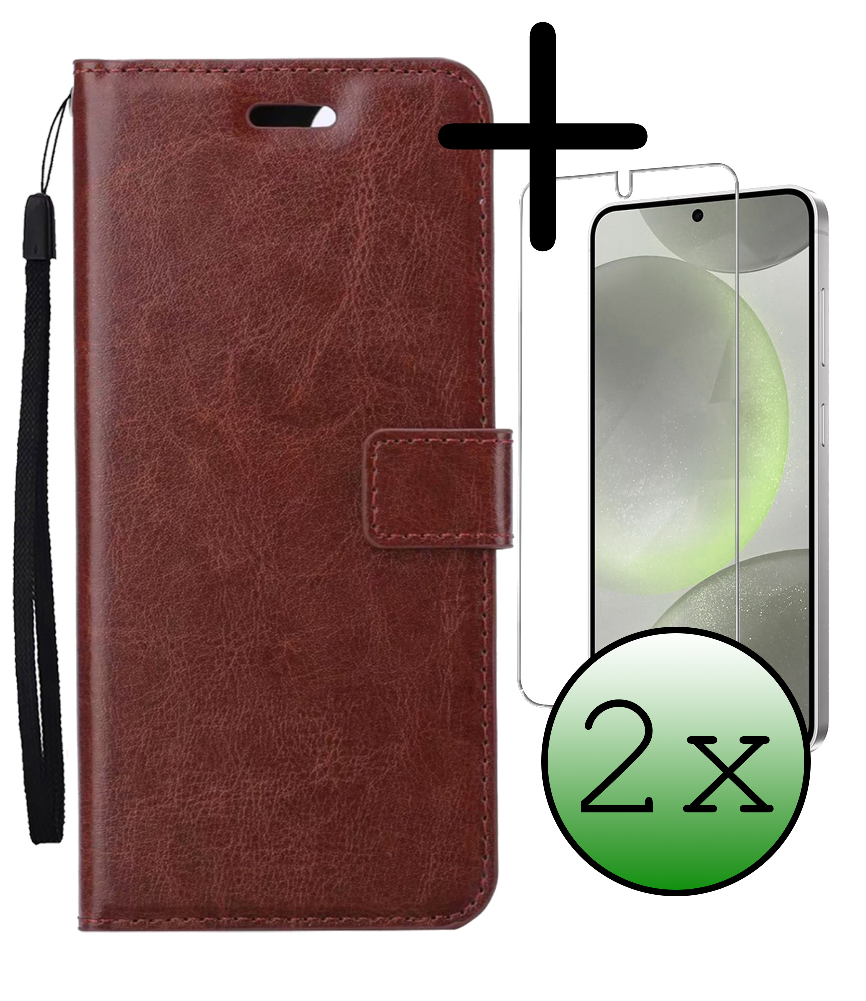 BASEY. Hoes Geschikt voor Samsung S24 Plus Hoesje Bookcase Hoes Flip Case Book Cover Met 2x Screenprotector - Hoesje Geschikt voor Samsung Galaxy S24 Plus Hoes Book Case Hoesje - Bruin