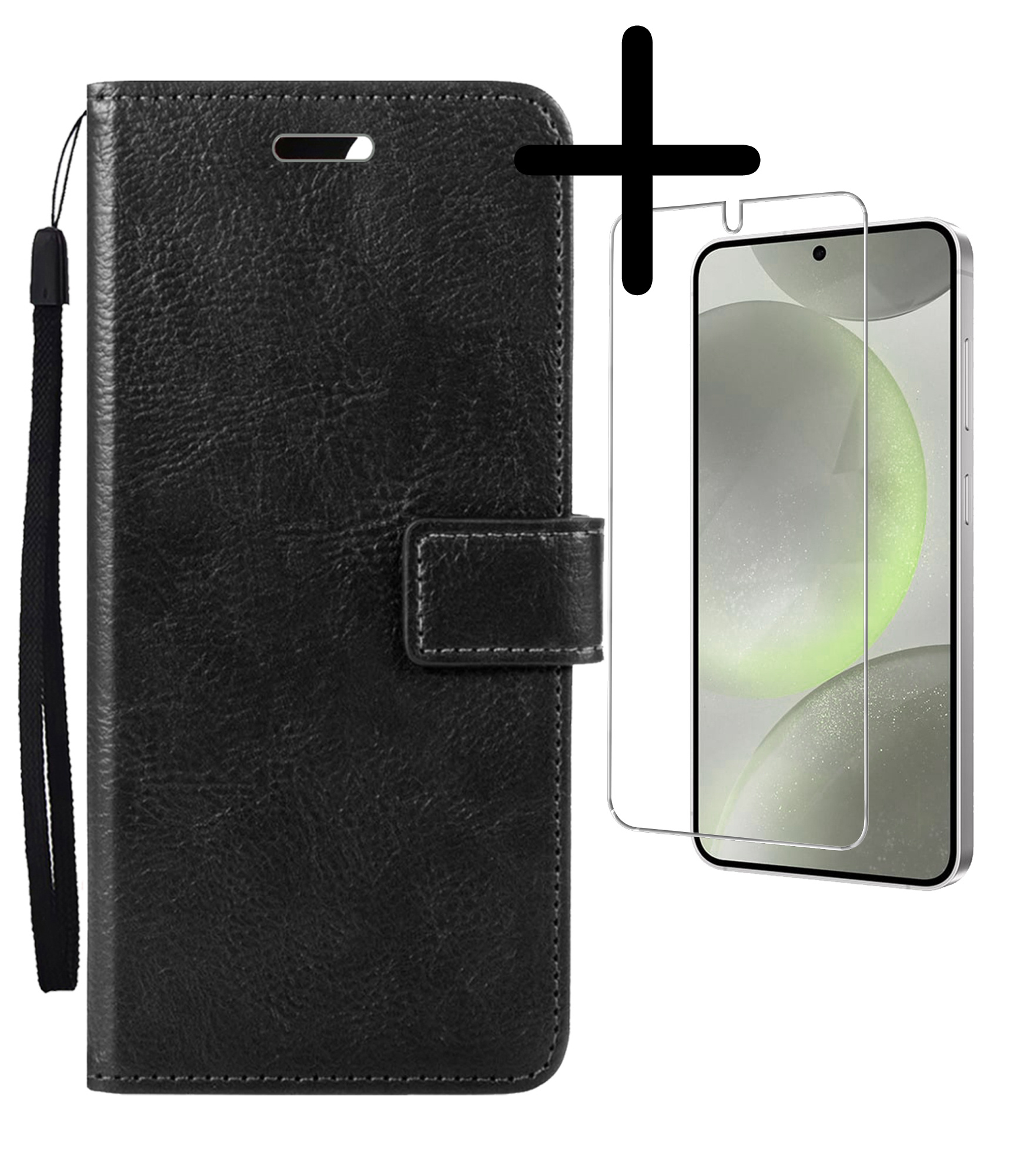 BASEY. Hoes Geschikt voor Samsung S24 Plus Hoesje Bookcase Hoes Flip Case Book Cover Met Screenprotector - Hoesje Geschikt voor Samsung Galaxy S24 Plus Hoes Book Case Hoesje - Zwart