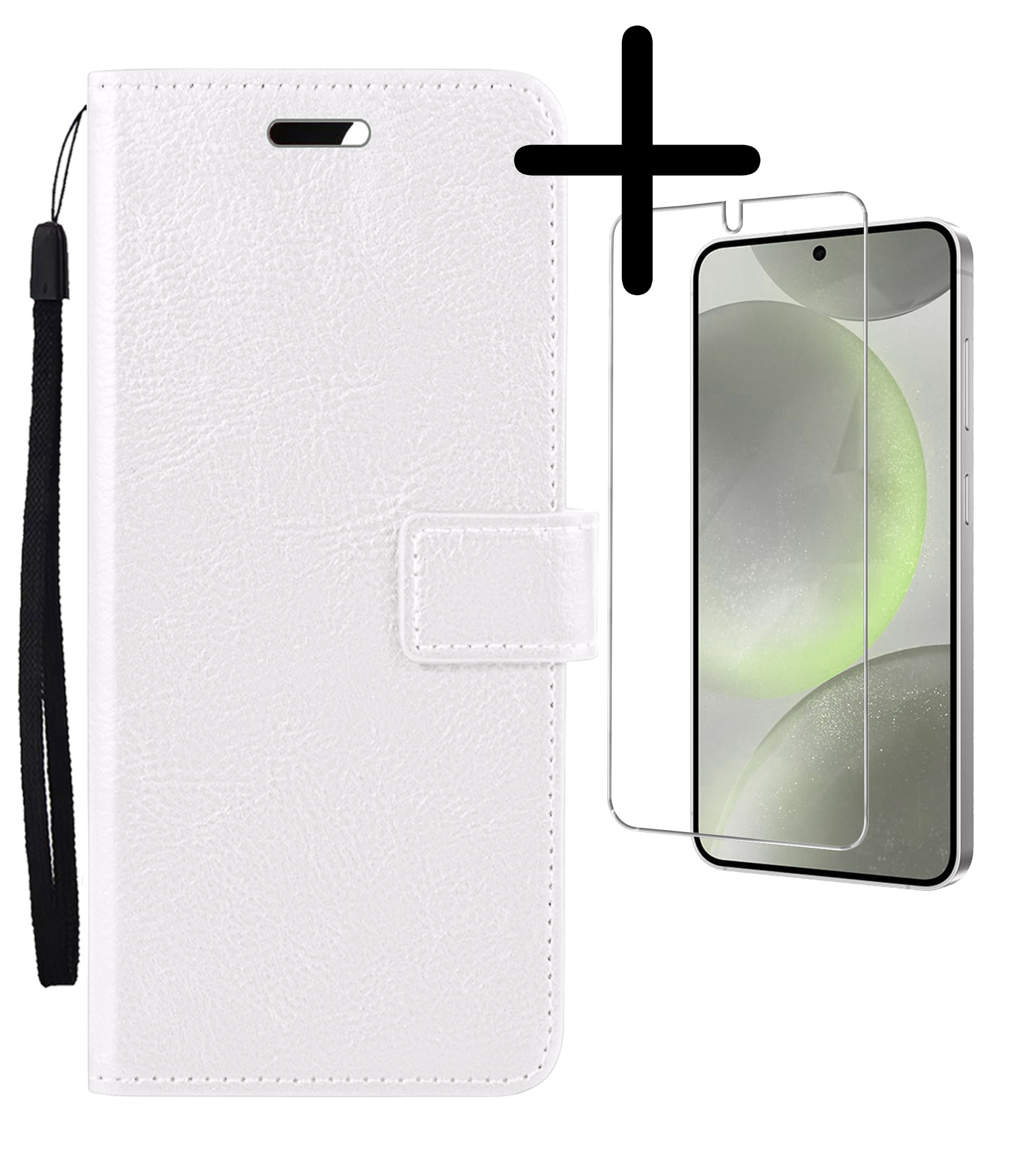 BASEY. Hoes Geschikt voor Samsung S24 Plus Hoesje Bookcase Hoes Flip Case Book Cover Met Screenprotector - Hoesje Geschikt voor Samsung Galaxy S24 Plus Hoes Book Case Hoesje - Wit