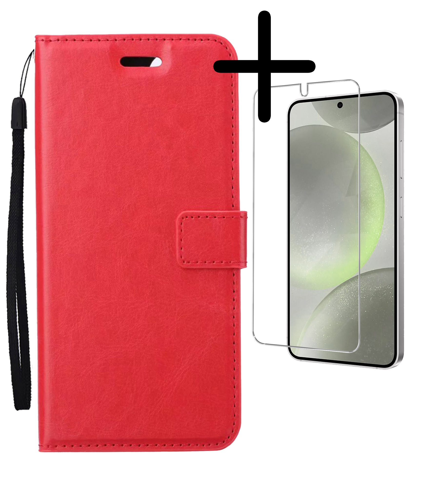 BASEY. Hoes Geschikt voor Samsung S24 Plus Hoesje Bookcase Hoes Flip Case Book Cover Met Screenprotector - Hoesje Geschikt voor Samsung Galaxy S24 Plus Hoes Book Case Hoesje - Rood