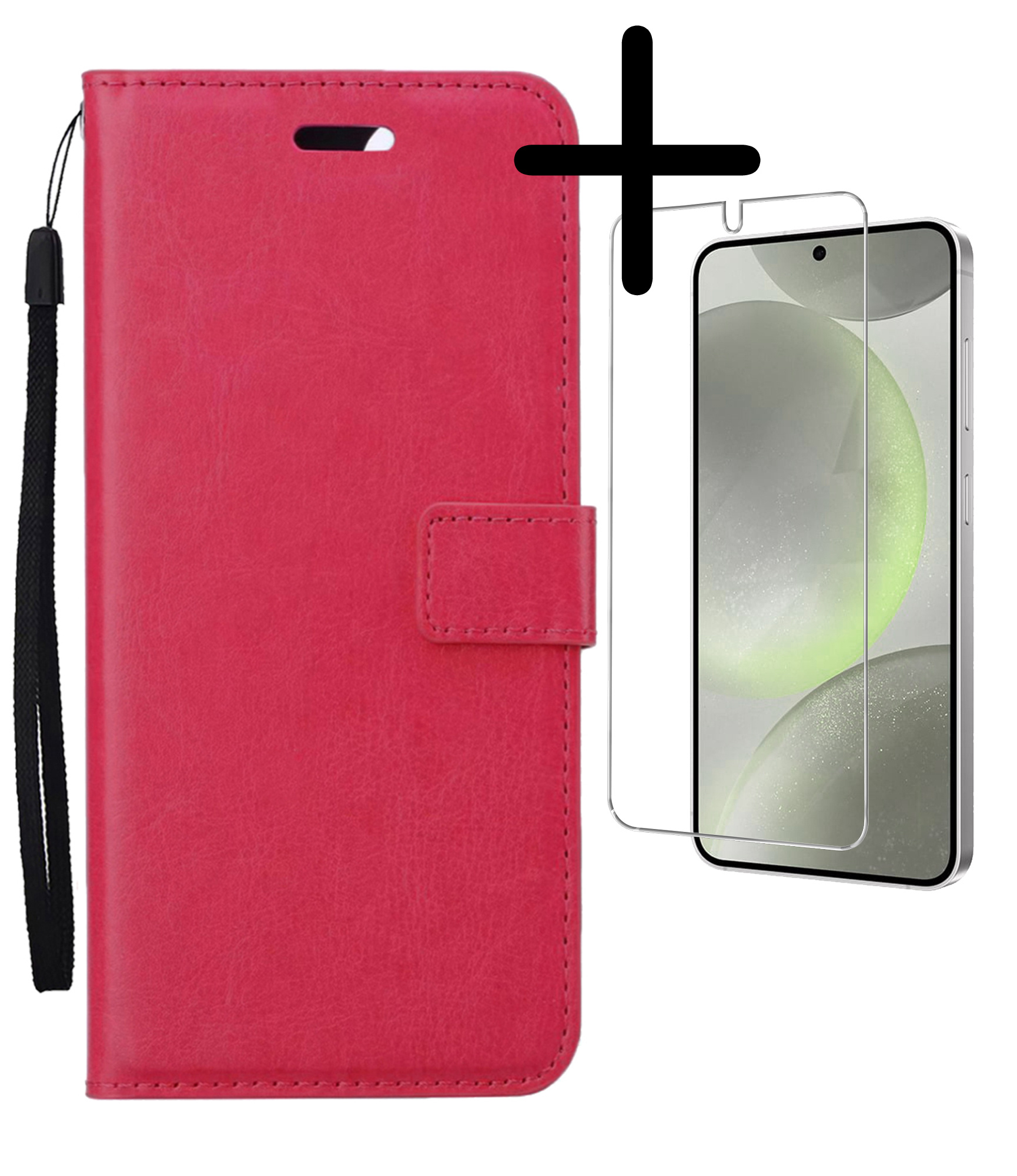 BASEY. Hoes Geschikt voor Samsung S24 Plus Hoesje Bookcase Hoes Flip Case Book Cover Met Screenprotector - Hoesje Geschikt voor Samsung Galaxy S24 Plus Hoes Book Case Hoesje - Donkerroze