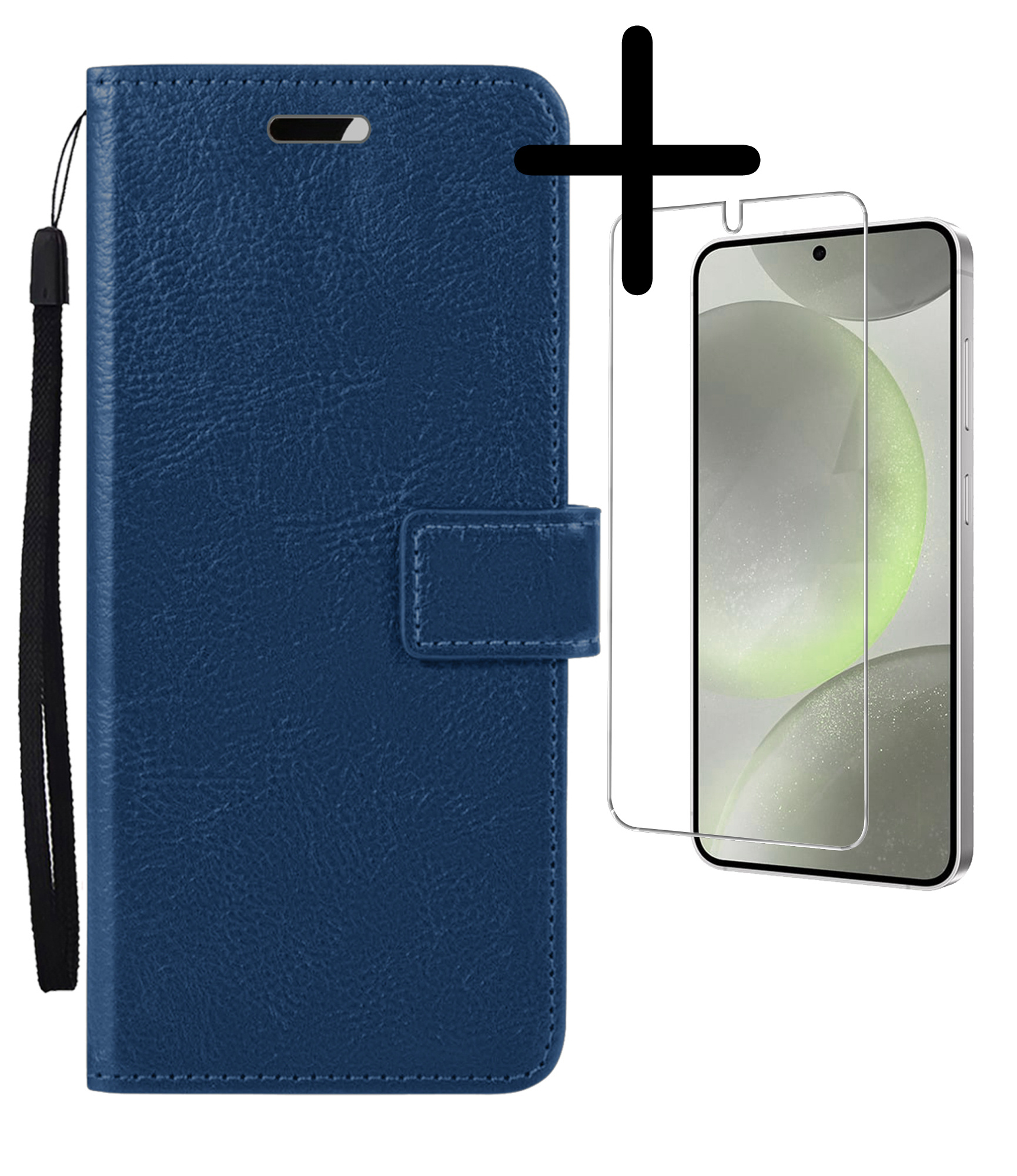 BASEY. Hoes Geschikt voor Samsung S24 Plus Hoesje Bookcase Hoes Flip Case Book Cover Met Screenprotector - Hoesje Geschikt voor Samsung Galaxy S24 Plus Hoes Book Case Hoesje - Donkerblauw