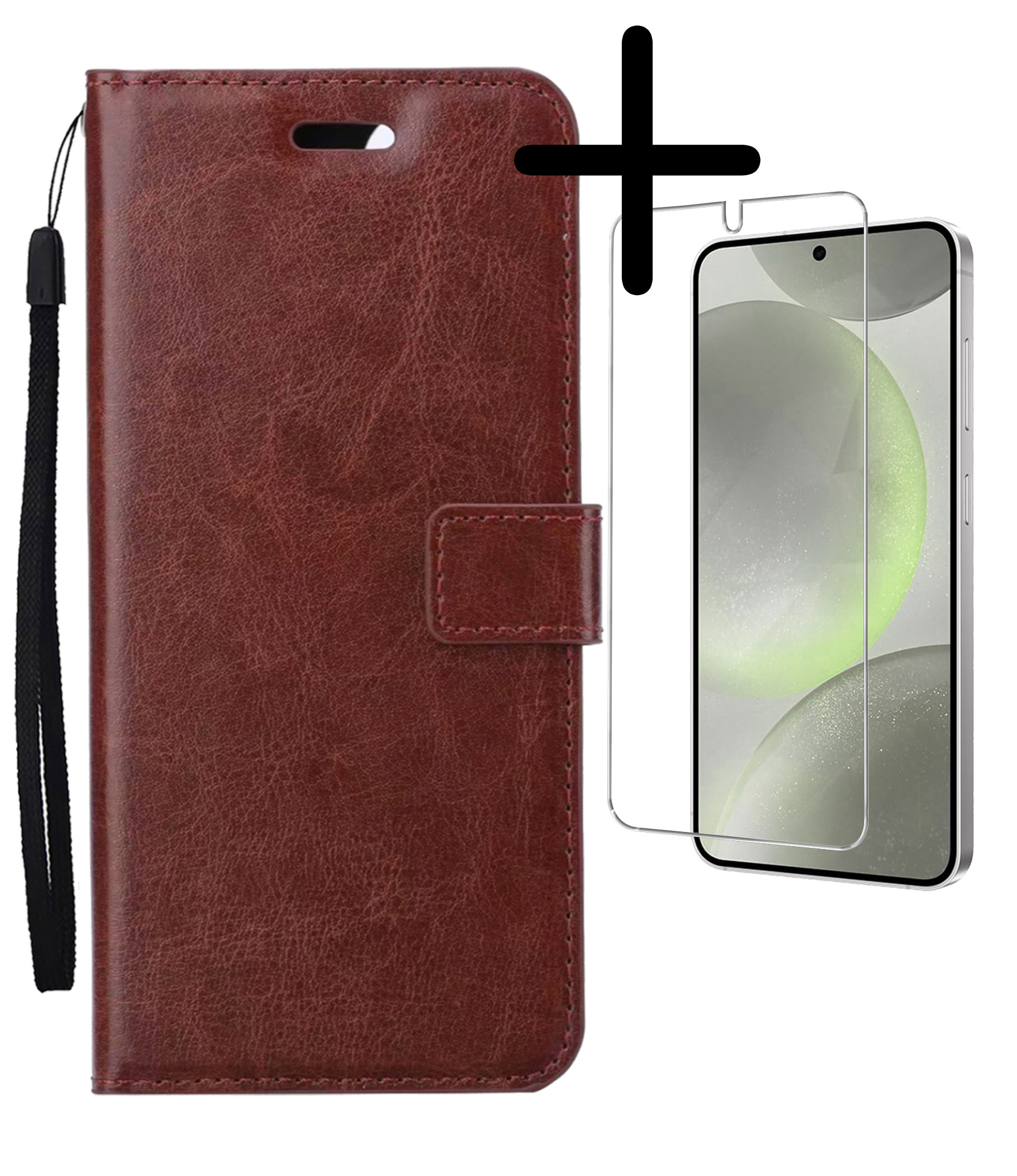 BASEY. Hoes Geschikt voor Samsung S24 Plus Hoesje Bookcase Hoes Flip Case Book Cover Met Screenprotector - Hoesje Geschikt voor Samsung Galaxy S24 Plus Hoes Book Case Hoesje - Bruin