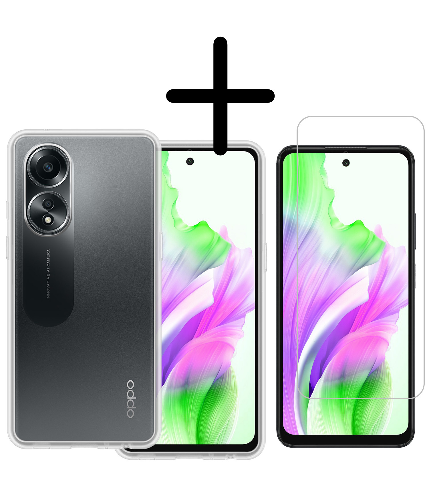 BASEY. Hoes Geschikt voor OPPO A58 Hoesje Siliconen Back Cover Case Met Screenprotector - Hoesje Geschikt voor OPPO A58 Hoes Cover Hoesje - Transparant