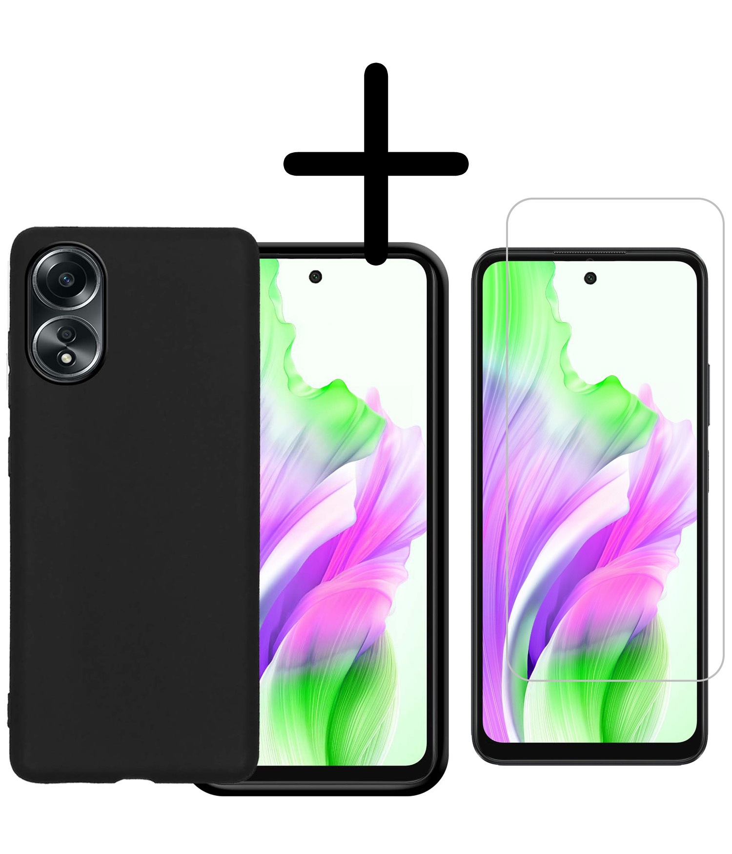BASEY. Hoes Geschikt voor OPPO A58 Hoesje Siliconen Back Cover Case Met Screenprotector - Hoesje Geschikt voor OPPO A58 Hoes Cover Hoesje - Zwart