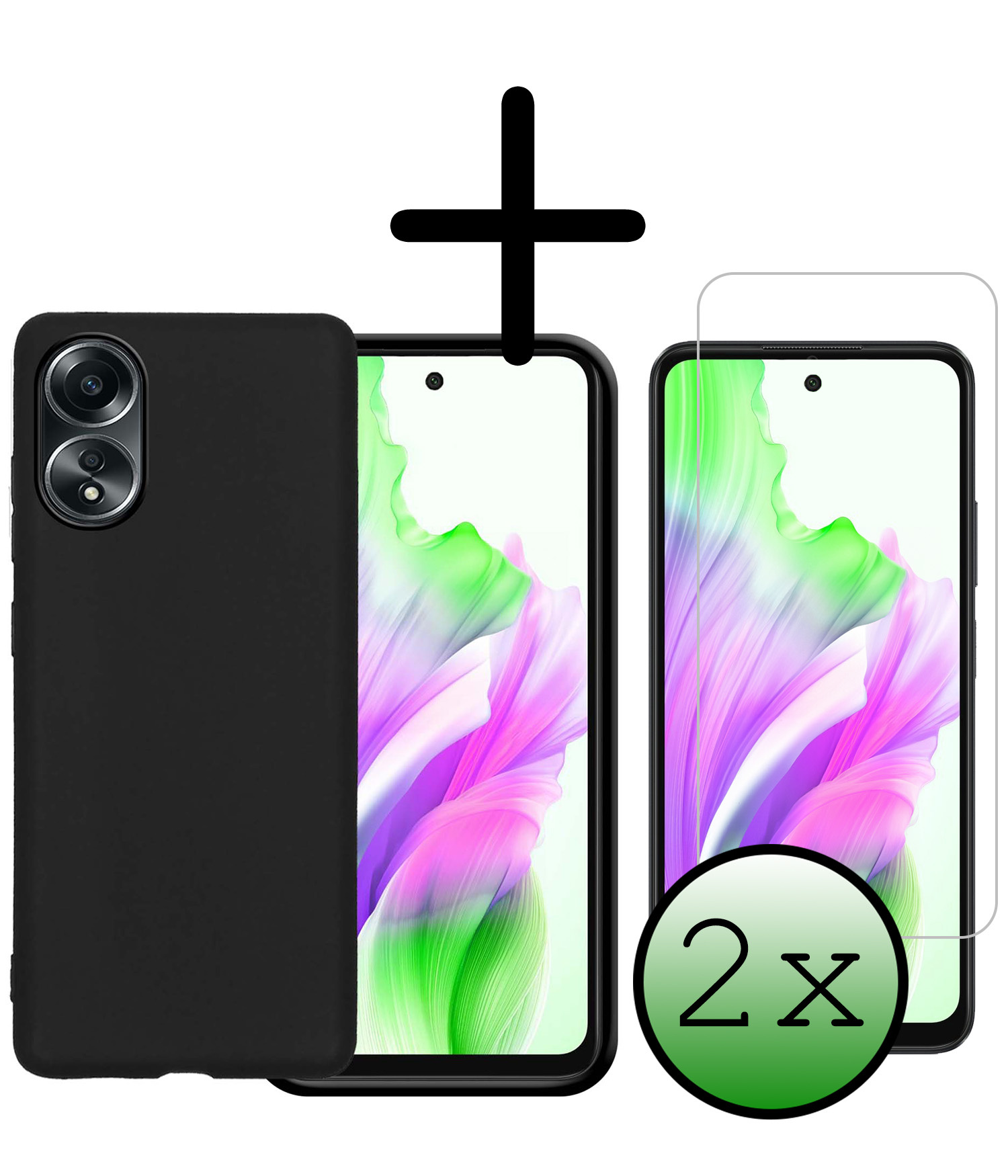 BASEY. Hoes Geschikt voor OPPO A58 Hoesje Siliconen Back Cover Case Met 2x Screenprotector - Hoesje Geschikt voor OPPO A58 Hoes Cover Hoesje - Zwart