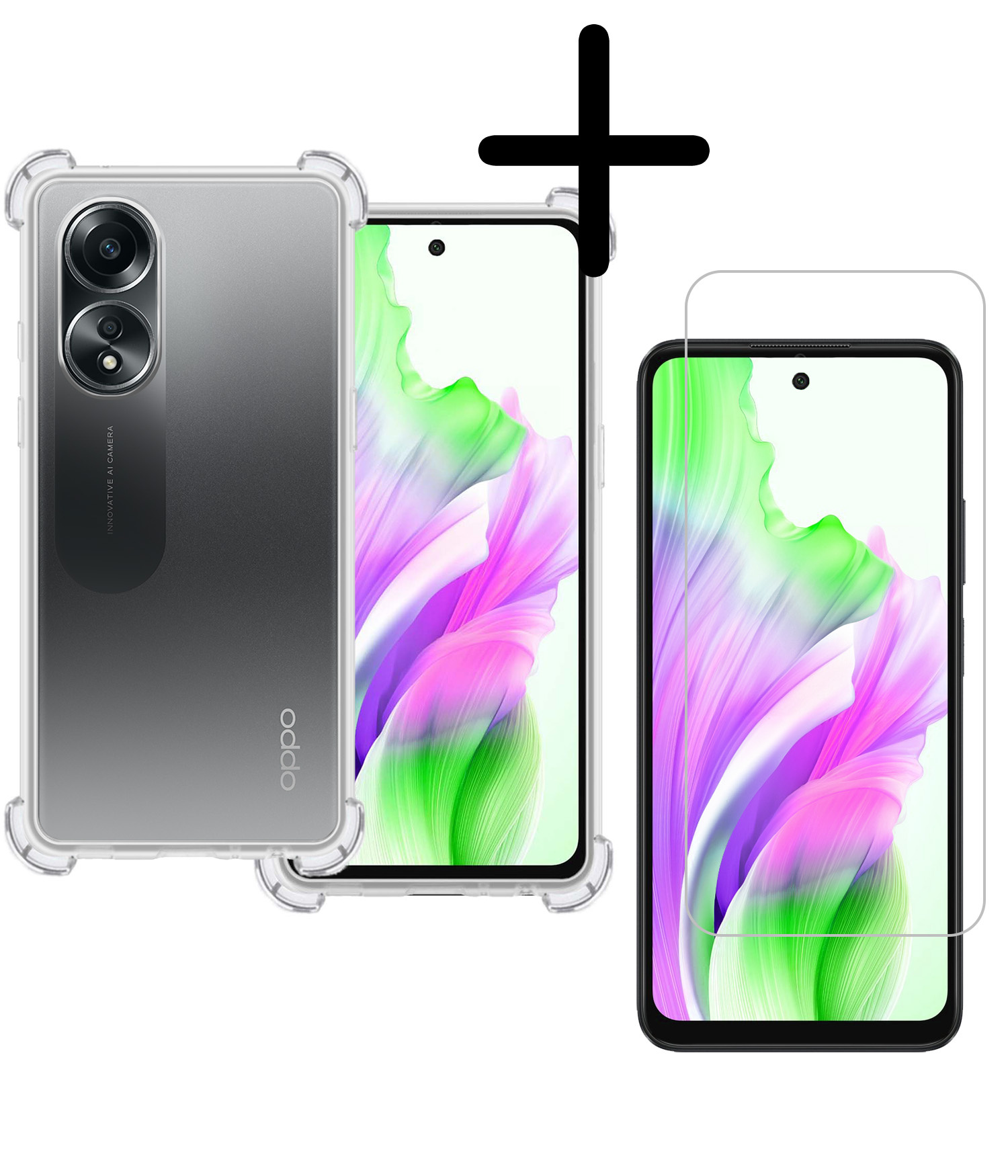 BASEY. Hoes Geschikt voor OPPO A58 Hoesje Shock Proof Case Hoes Siliconen Met Screenprotector - Hoesje Geschikt voor OPPO A58 Hoes Cover Shockproof - Transparant