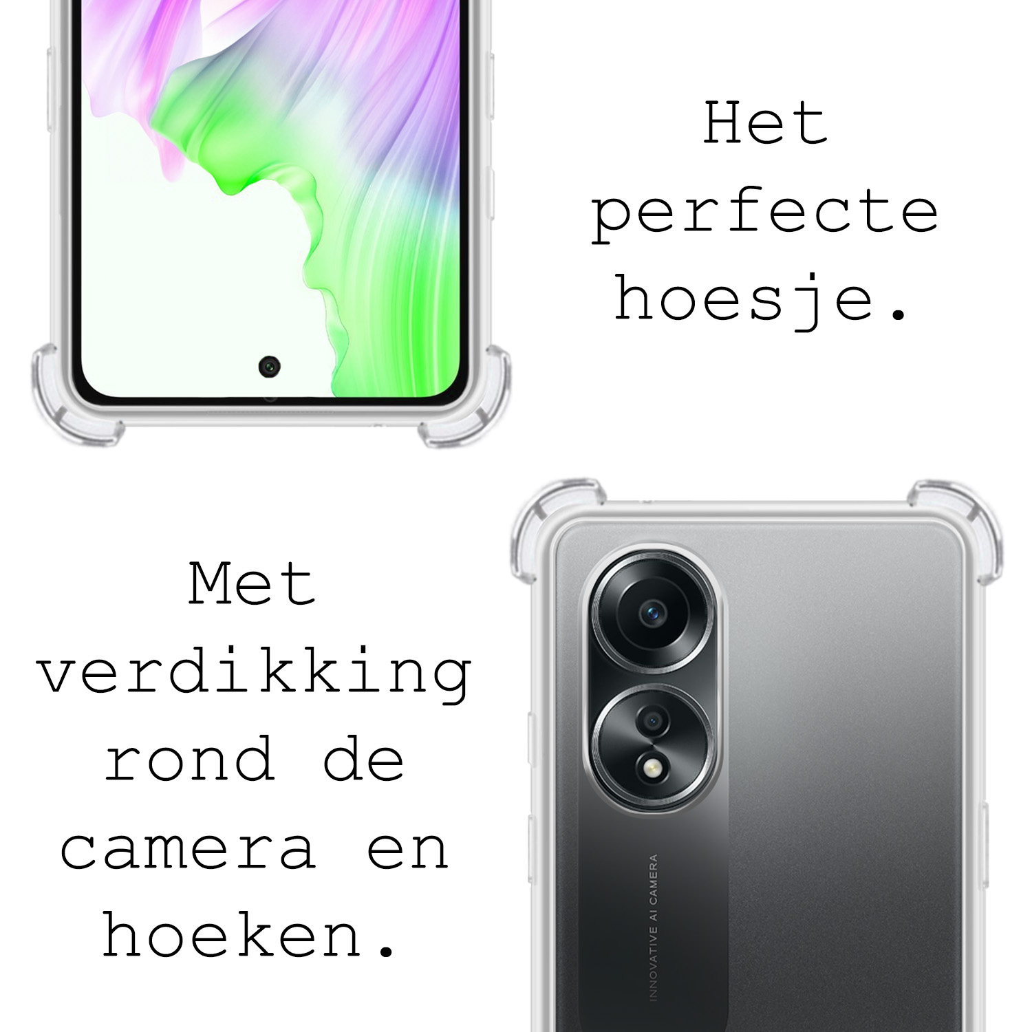 BASEY. Hoes Geschikt voor OPPO A58 Hoesje Shock Proof Case Hoes Siliconen Met 2x Screenprotector - Hoesje Geschikt voor OPPO A58 Hoes Cover Shockproof - Transparant