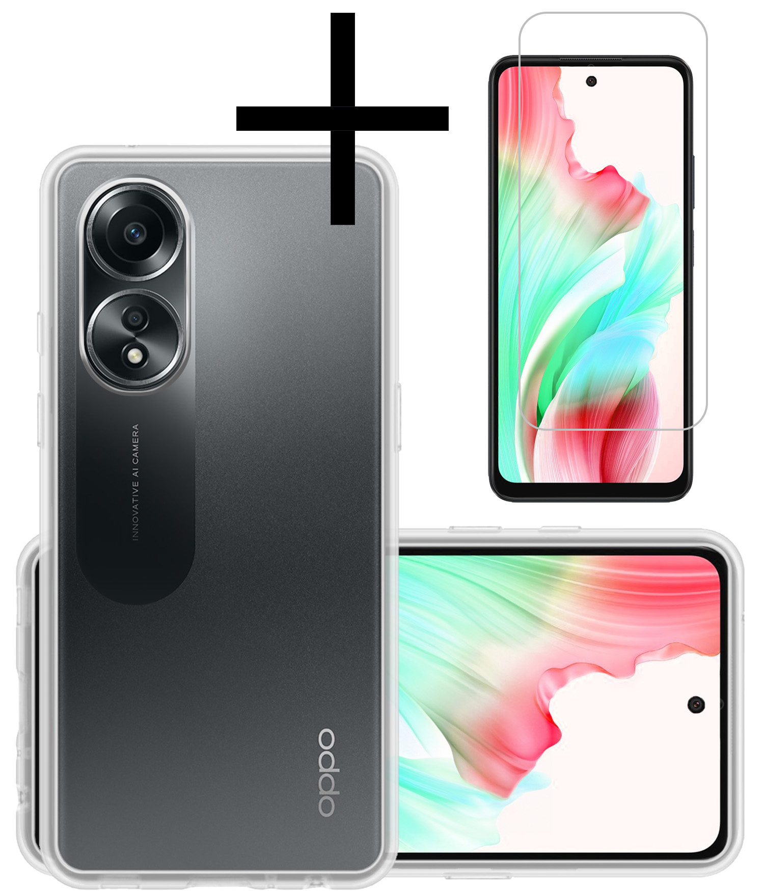 NoXx Hoes Geschikt voor OPPO A58 Hoesje Cover Siliconen Back Case Hoes Met Screenprotector - Transparant