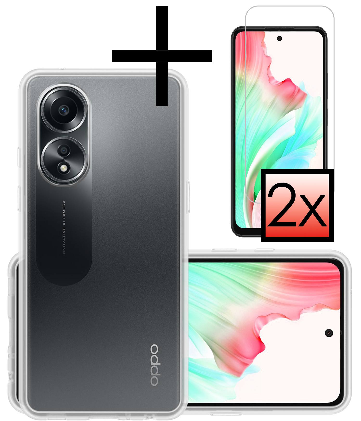 NoXx Hoes Geschikt voor OPPO A58 Hoesje Cover Siliconen Back Case Hoes Met 2x Screenprotector - Transparant