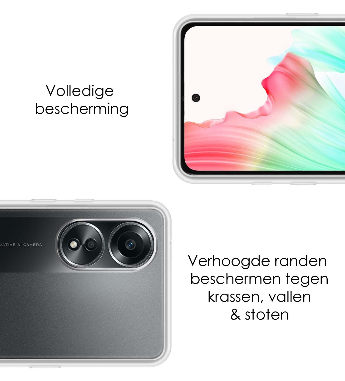 NoXx Hoes Geschikt voor OPPO A58 Hoesje Cover Siliconen Back Case Hoes Met 2x Screenprotector - Transparant