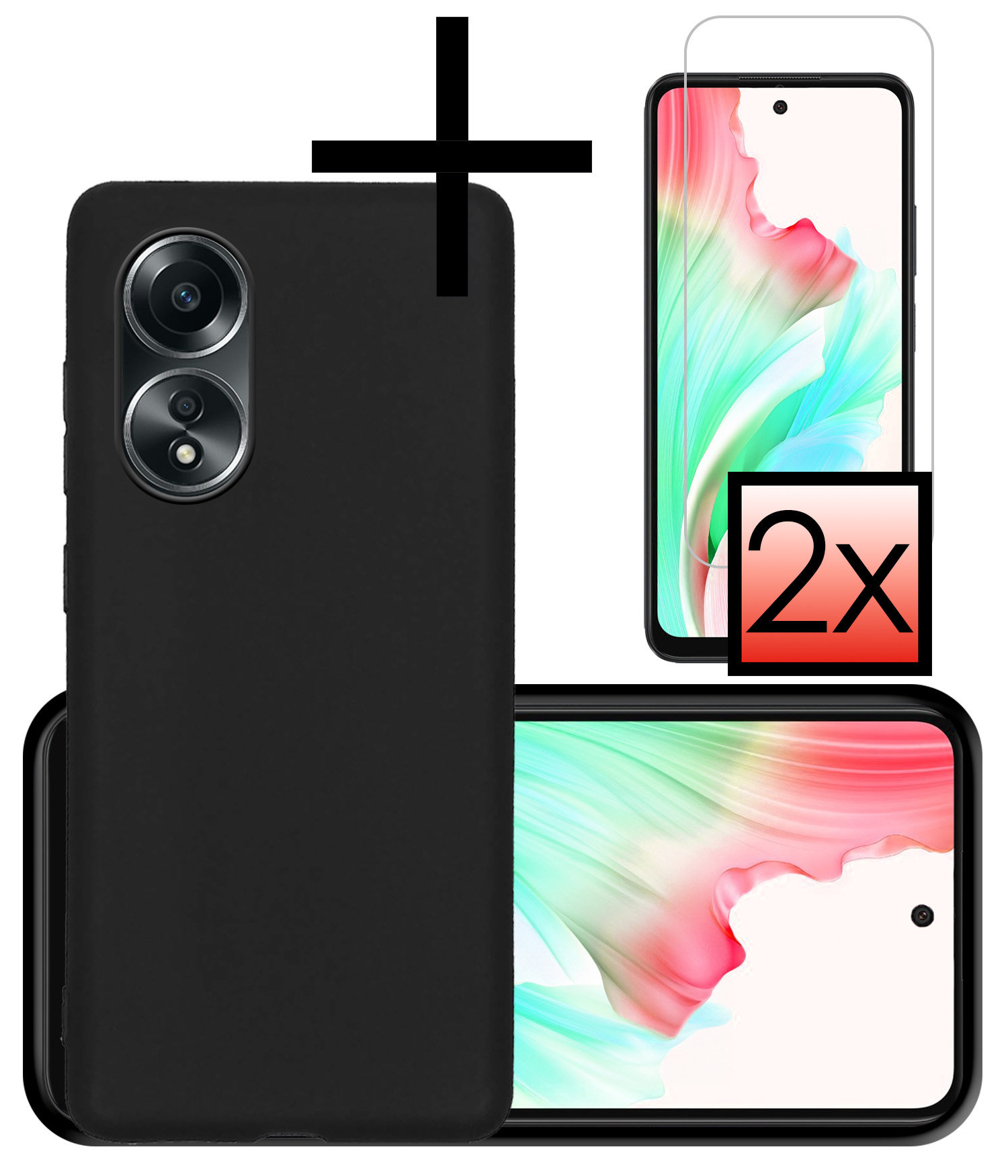 NoXx Hoes Geschikt voor OPPO A58 Hoesje Cover Siliconen Back Case Hoes Met 2x Screenprotector - Zwart