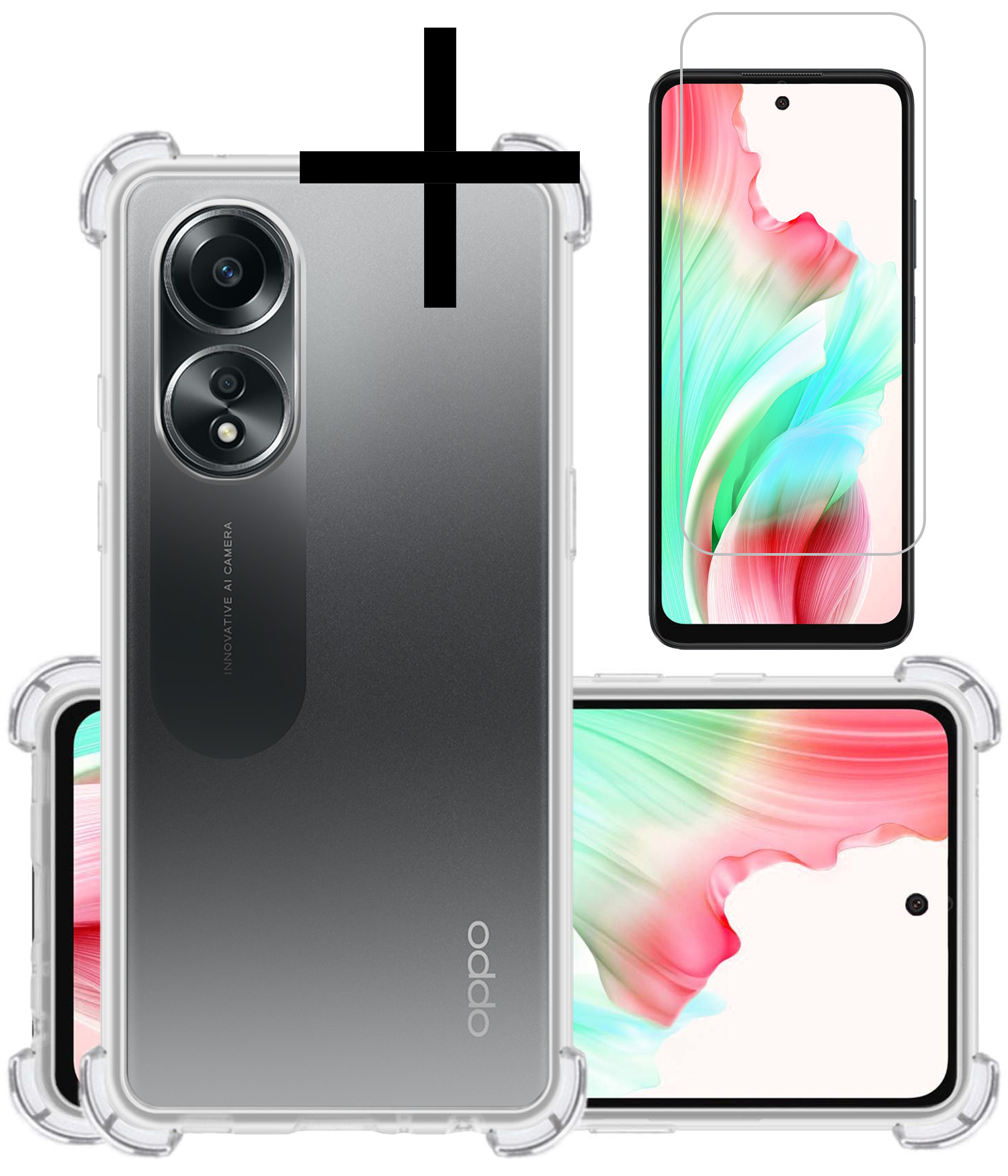 NoXx Hoes Geschikt voor OPPO A58 Hoesje Siliconen Cover Shock Proof Back Case Shockproof Hoes Met Screenprotector - Transparant