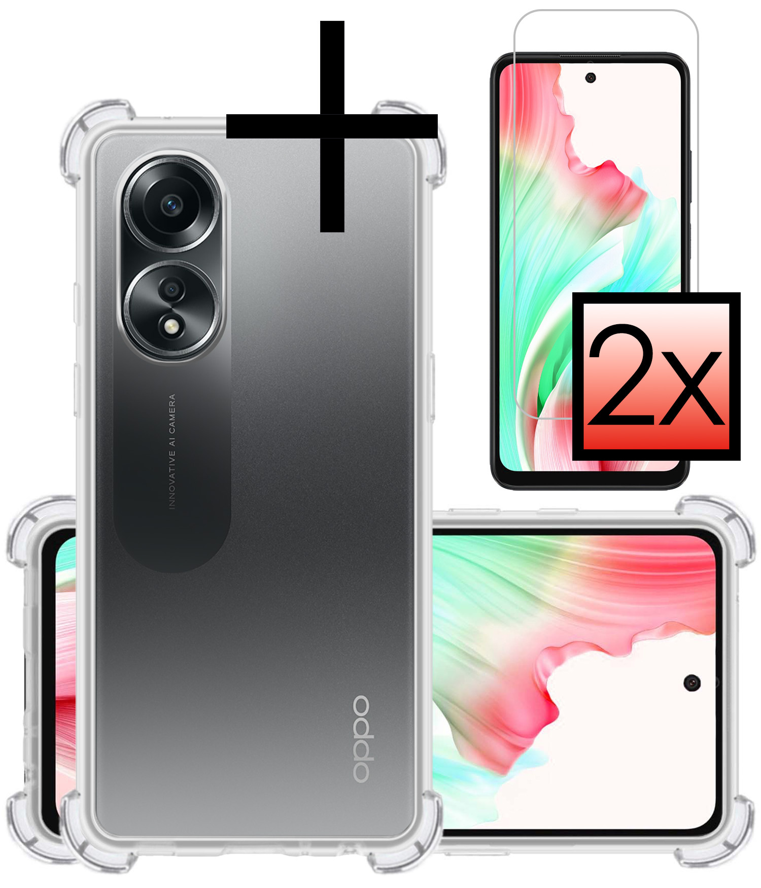 NoXx Hoes Geschikt voor OPPO A58 Hoesje Siliconen Cover Shock Proof Back Case Shockproof Hoes Met 2x Screenprotector - Transparant