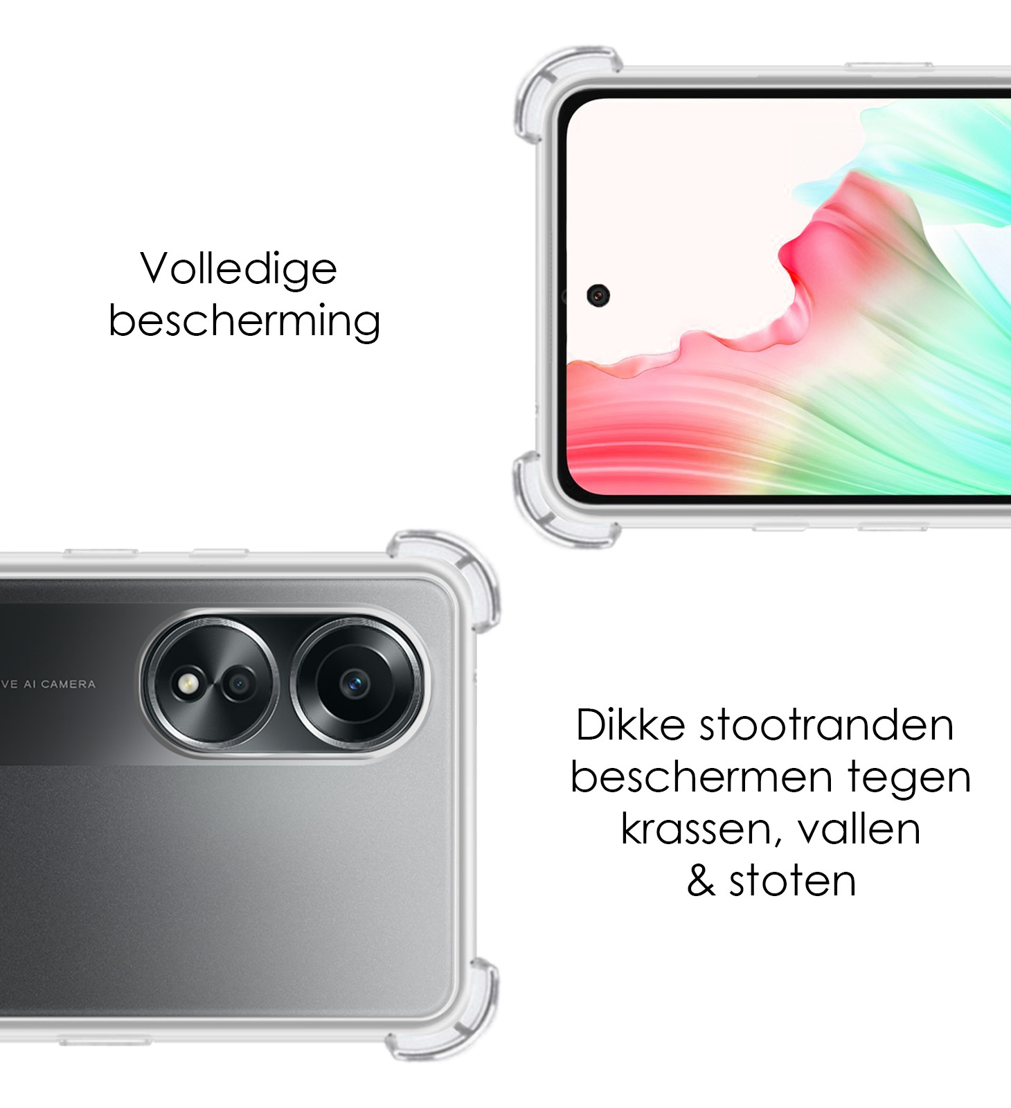 NoXx Hoes Geschikt voor OPPO A58 Hoesje Siliconen Cover Shock Proof Back Case Shockproof Hoes Met 2x Screenprotector - Transparant