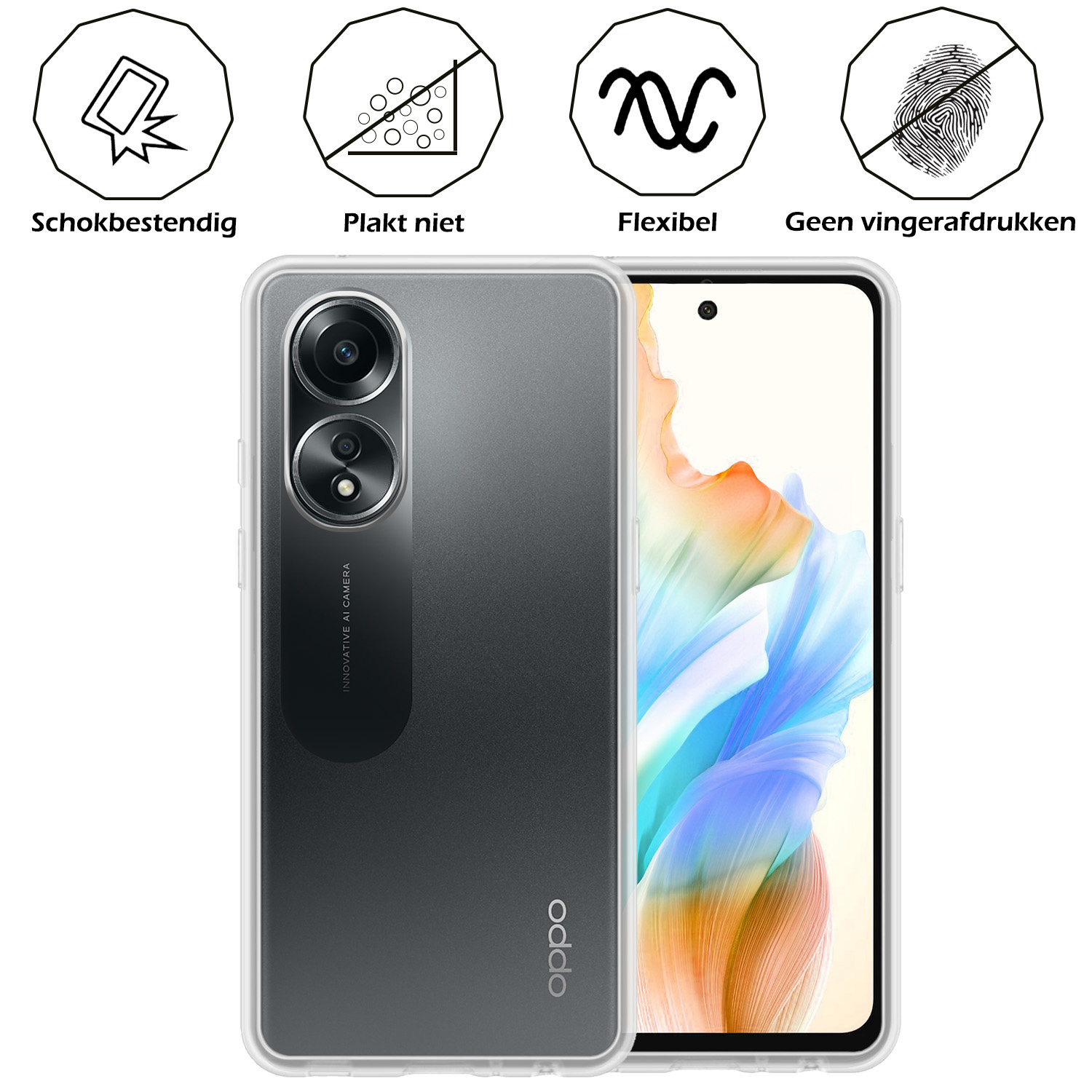 Nomfy Hoesje Geschikt voor OPPO A58 Hoesje Siliconen Cover Case Met 2x Screenprotector - Hoes Geschikt voor OPPO A58 Hoes Back Case - Transparant