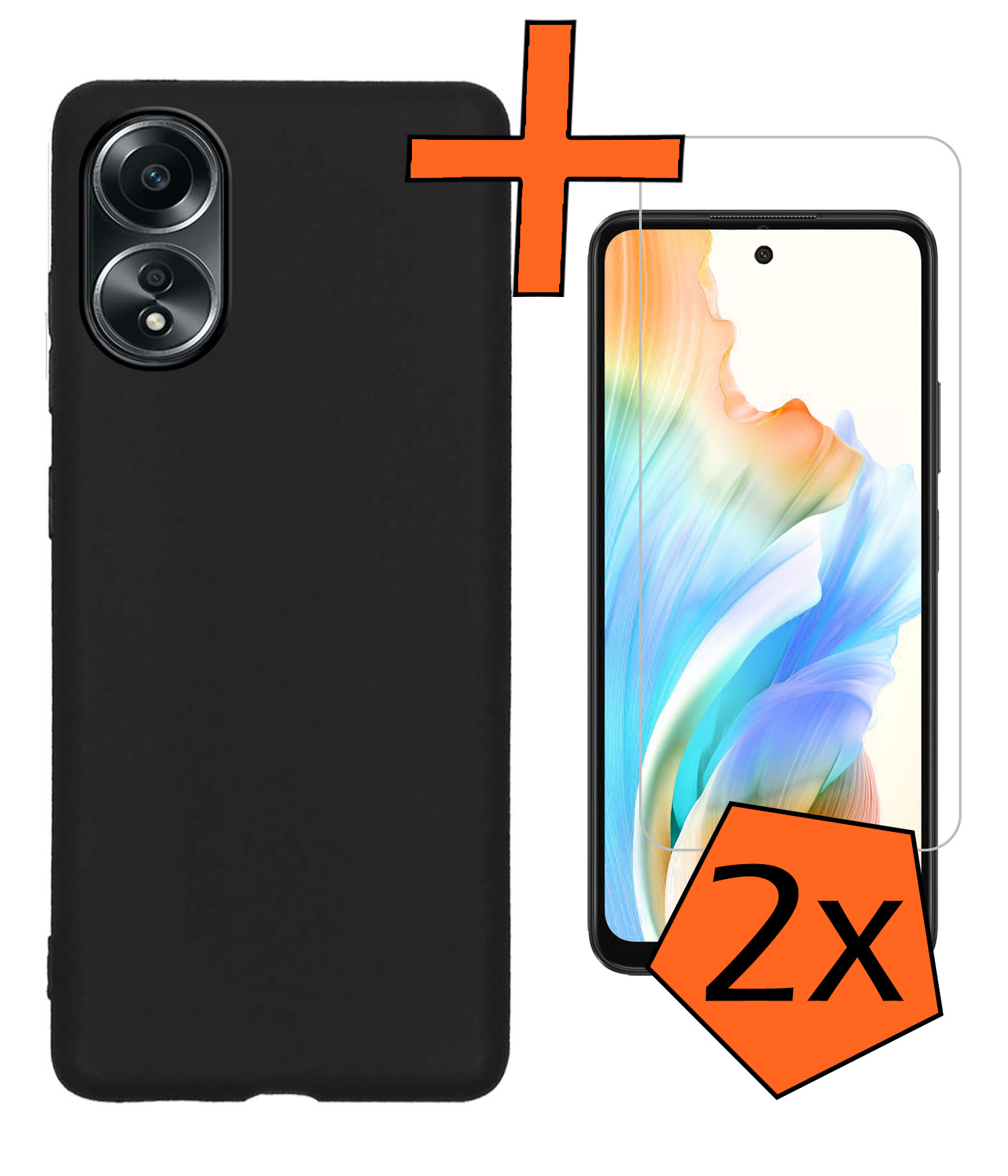 Nomfy Hoesje Geschikt voor OPPO A58 Hoesje Siliconen Cover Case Met 2x Screenprotector - Hoes Geschikt voor OPPO A58 Hoes Back Case - Zwart