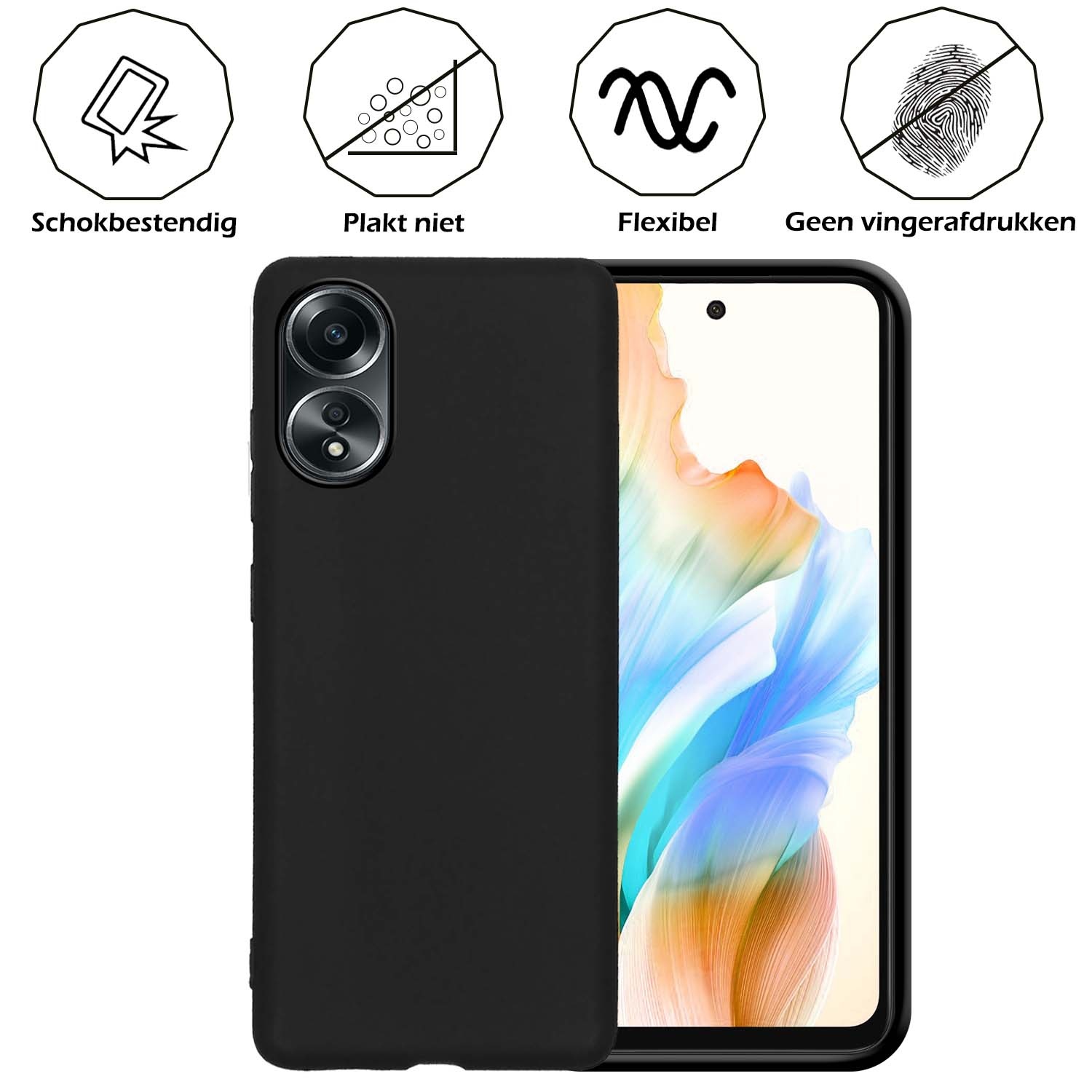 Nomfy Hoesje Geschikt voor OPPO A58 Hoesje Siliconen Cover Case Met 2x Screenprotector - Hoes Geschikt voor OPPO A58 Hoes Back Case - Zwart