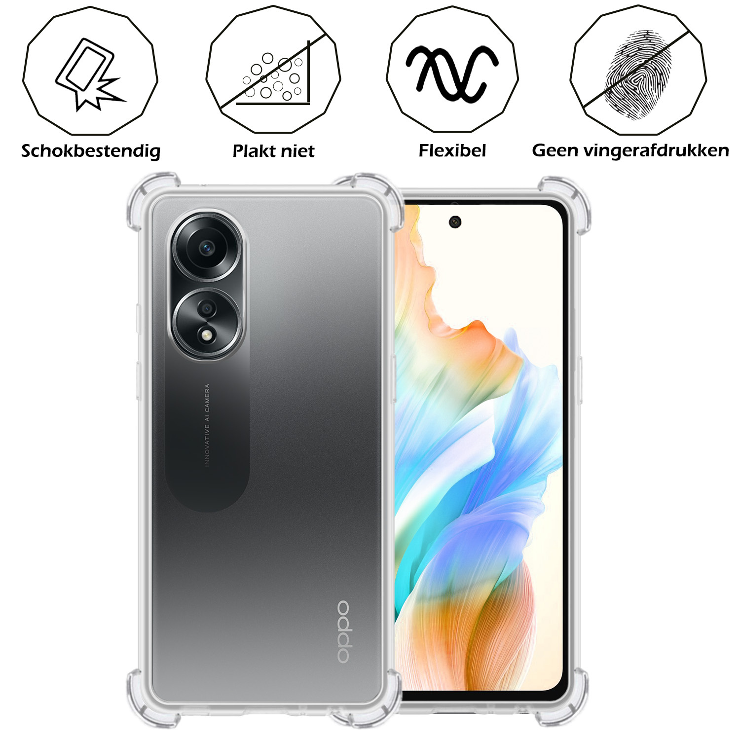 Nomfy Hoesje Geschikt voor OPPO A58 Hoesje Shock Proof Cover Case Shockproof Met Screenprotector - Hoes Geschikt voor OPPO A58 Hoes Siliconen Back Case - Transparant