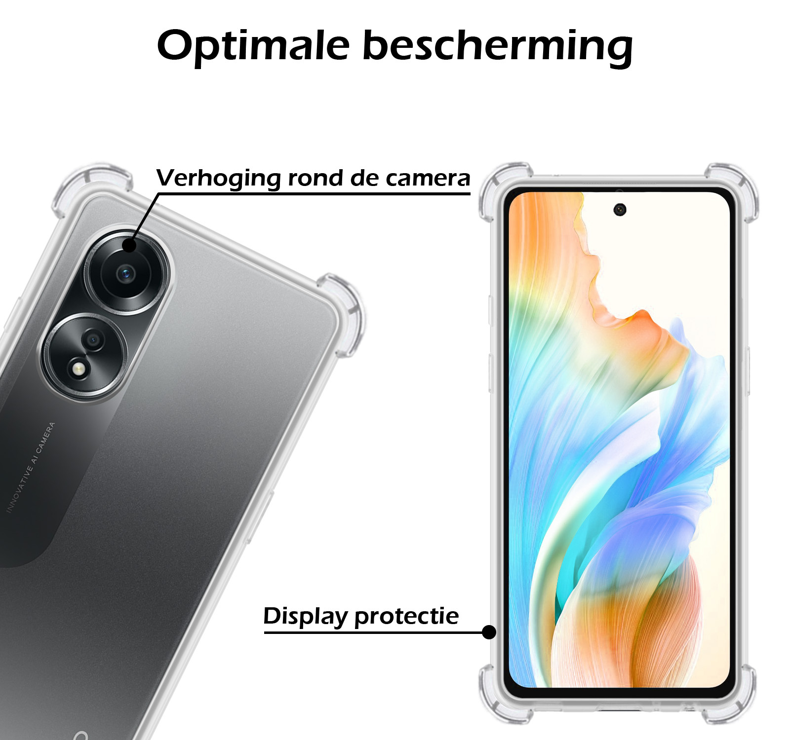 Nomfy Hoesje Geschikt voor OPPO A58 Hoesje Shock Proof Cover Case Shockproof Met Screenprotector - Hoes Geschikt voor OPPO A58 Hoes Siliconen Back Case - Transparant