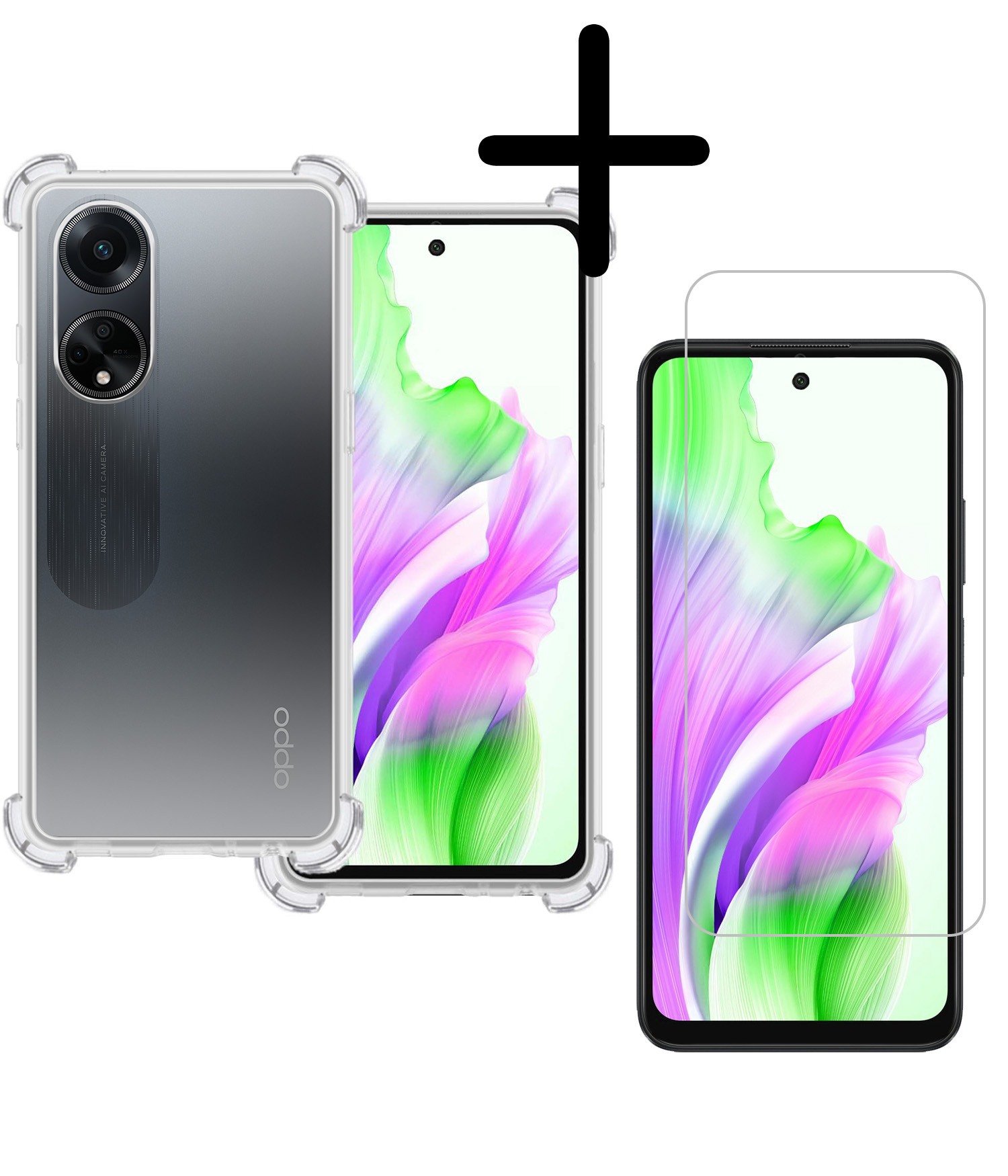 BASEY. Hoes Geschikt voor OPPO A98 Hoesje Shock Proof Case Hoes Siliconen Met Screenprotector - Hoesje Geschikt voor OPPO A98 Hoes Cover Shockproof - Transparant