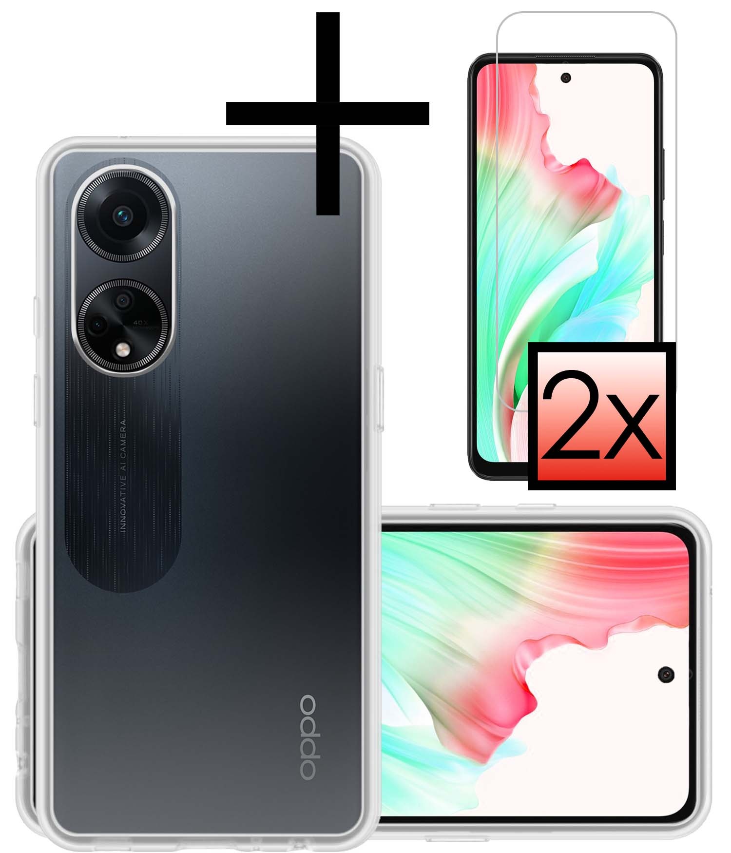 NoXx Hoes Geschikt voor OPPO A98 Hoesje Cover Siliconen Back Case Hoes Met 2x Screenprotector - Transparant