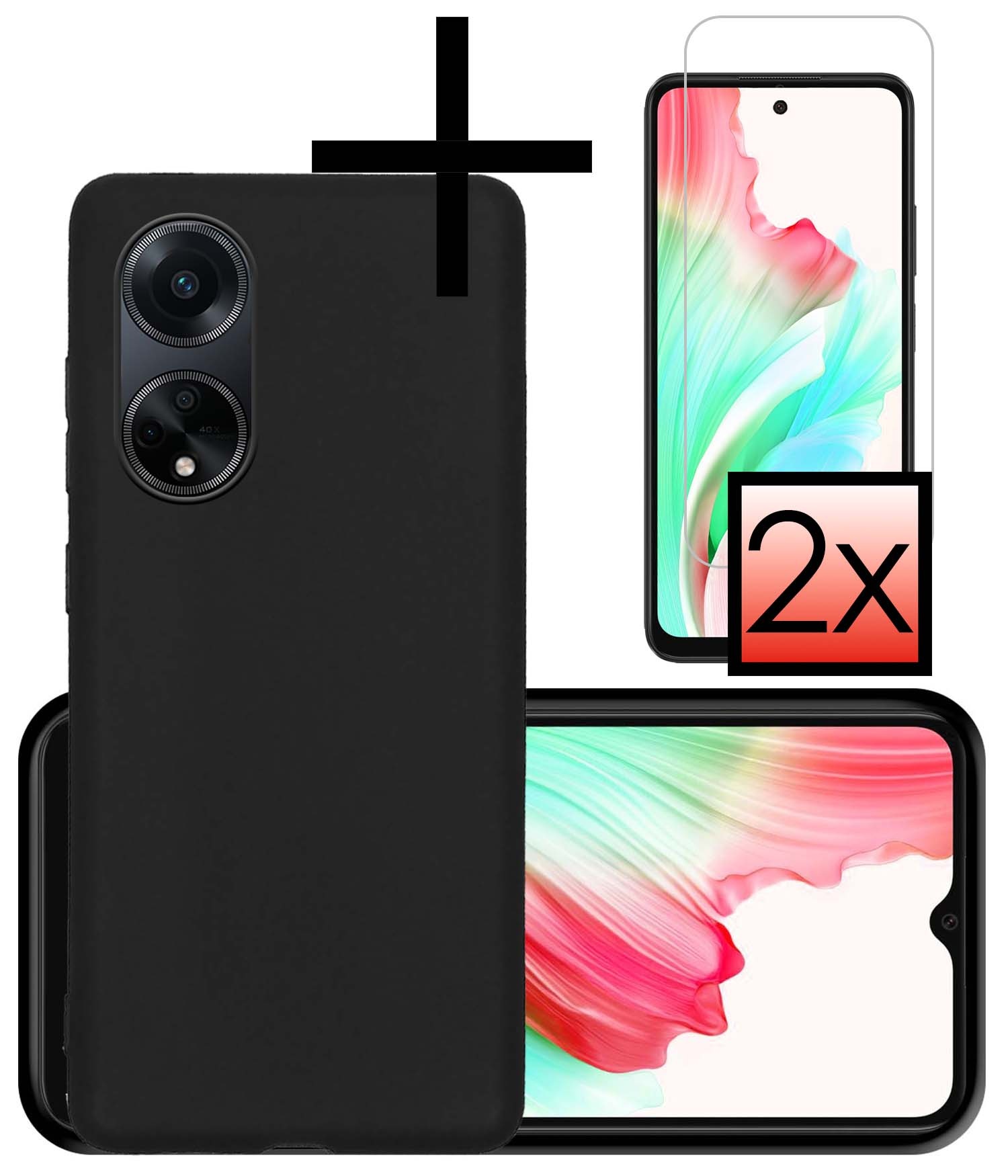 NoXx Hoes Geschikt voor OPPO A98 Hoesje Cover Siliconen Back Case Hoes Met 2x Screenprotector - Zwart
