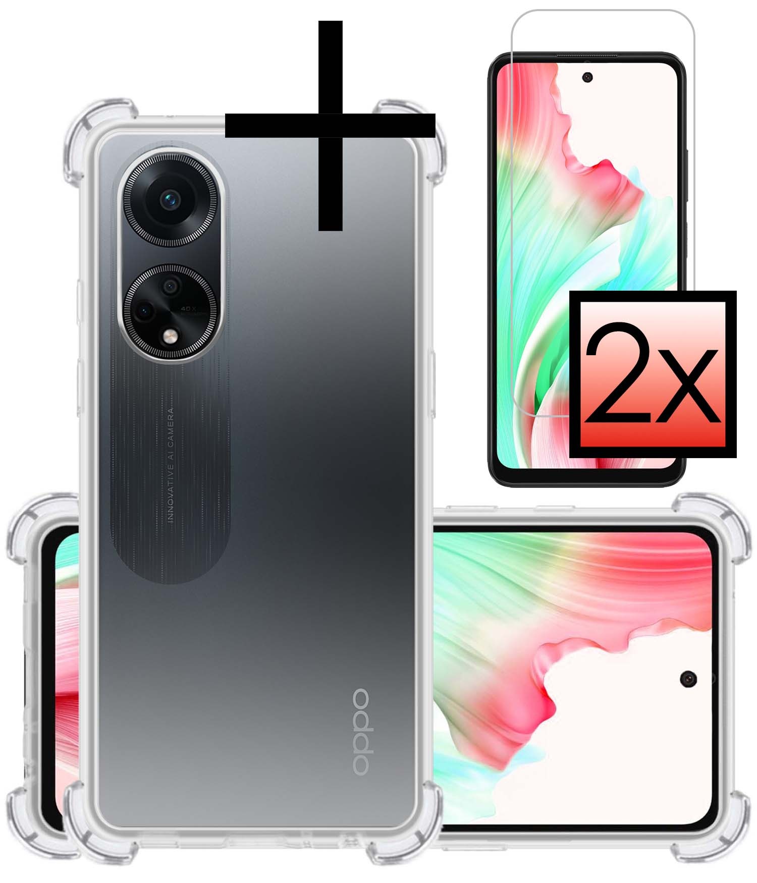 NoXx Hoes Geschikt voor OPPO A98 Hoesje Siliconen Cover Shock Proof Back Case Shockproof Hoes Met 2x Screenprotector - Transparant