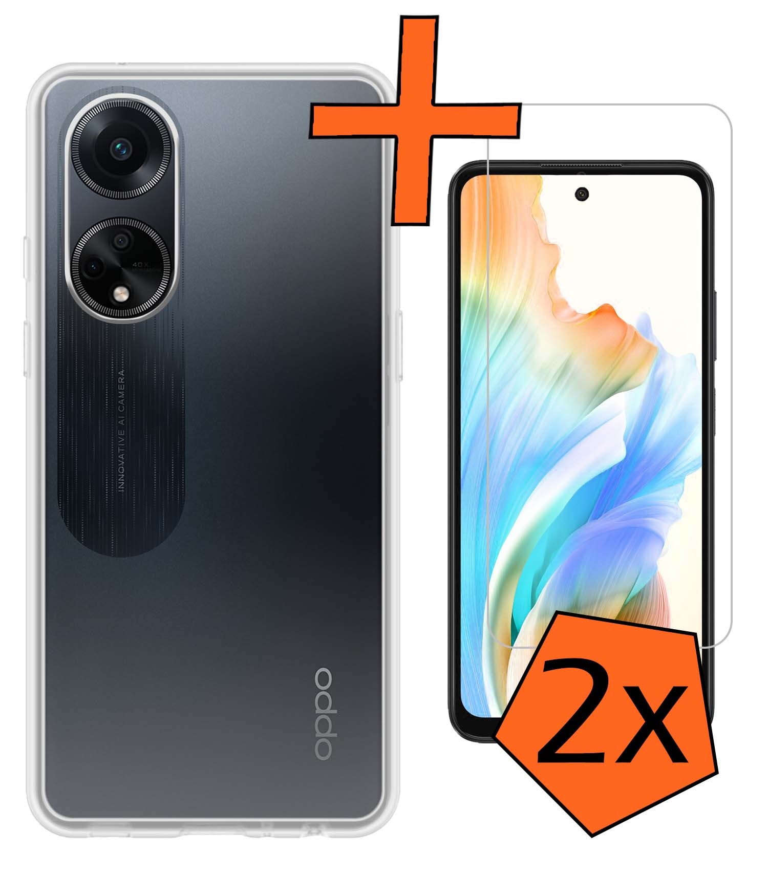 Nomfy Hoesje Geschikt voor OPPO A98 Hoesje Siliconen Cover Case Met 2x Screenprotector - Hoes Geschikt voor OPPO A98 Hoes Back Case - Transparant