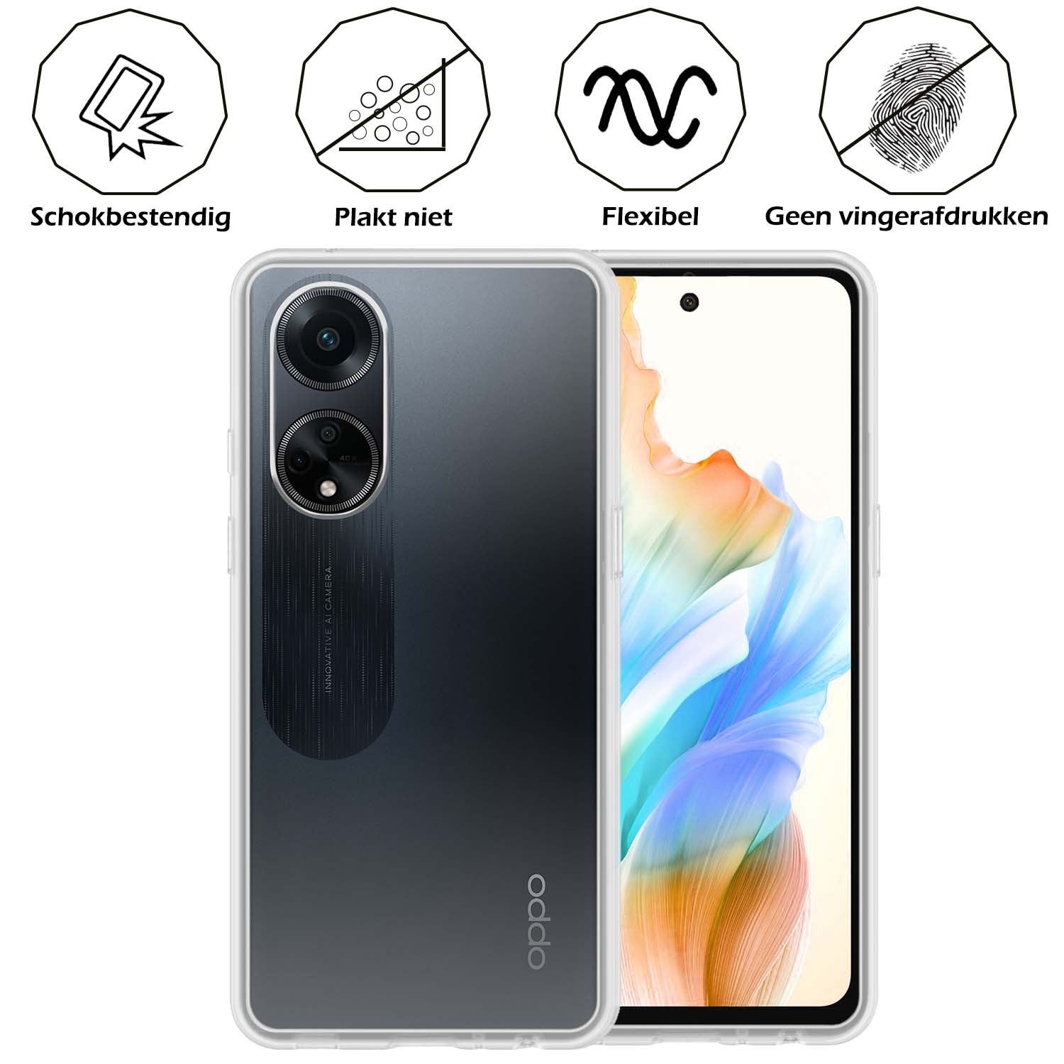 Nomfy Hoesje Geschikt voor OPPO A98 Hoesje Siliconen Cover Case Met 2x Screenprotector - Hoes Geschikt voor OPPO A98 Hoes Back Case - Transparant