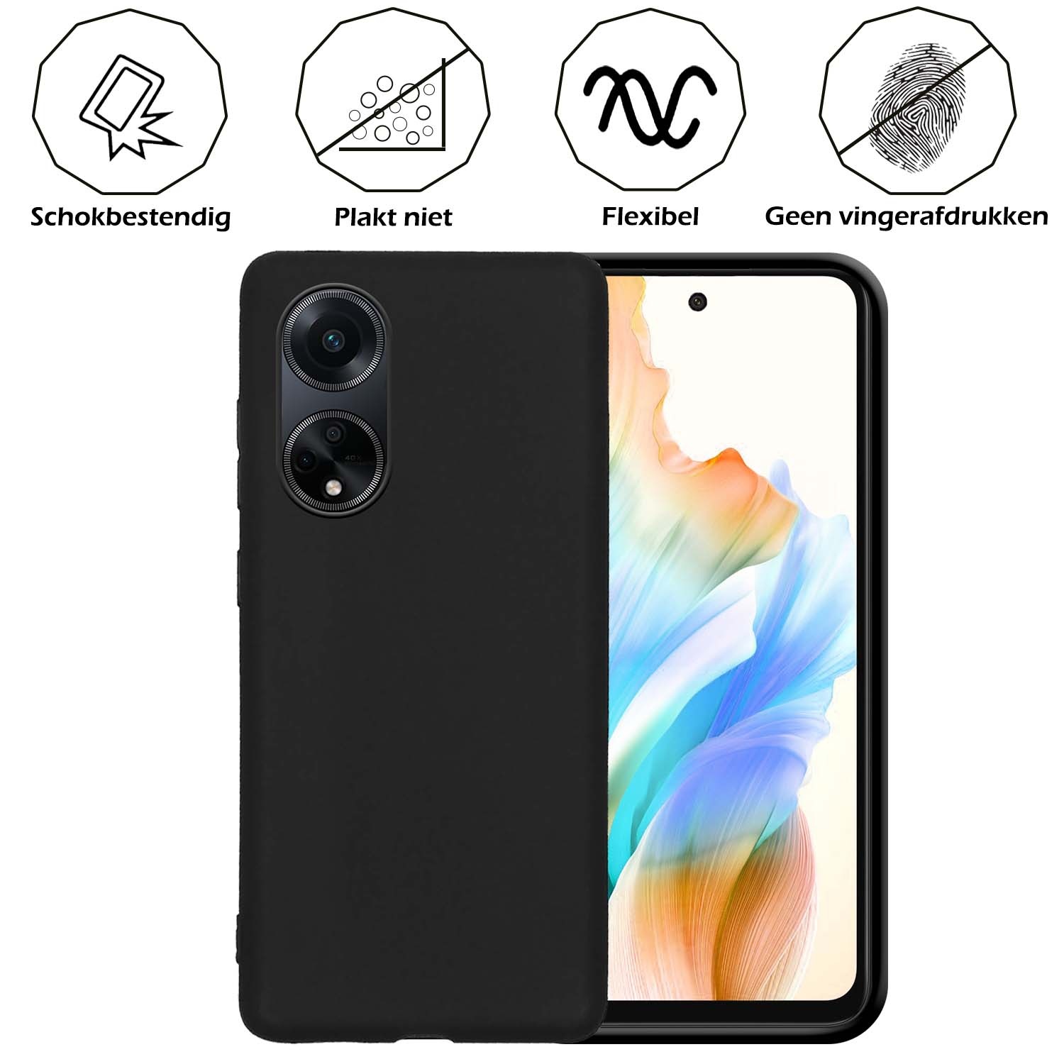 Nomfy Hoesje Geschikt voor OPPO A98 Hoesje Siliconen Cover Case Met 2x Screenprotector - Hoes Geschikt voor OPPO A98 Hoes Back Case - Zwart