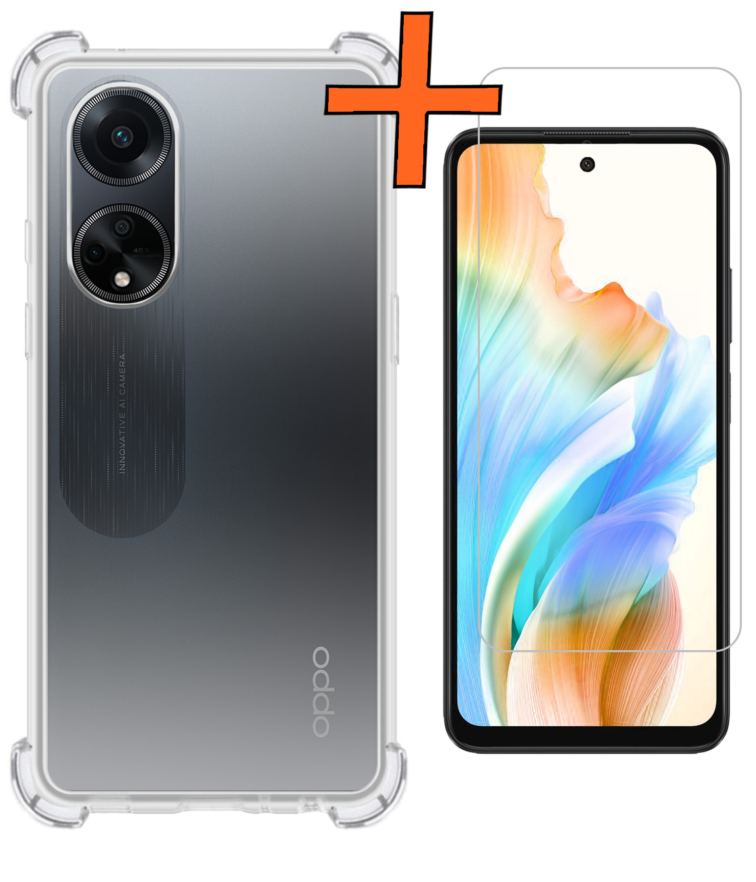 Nomfy Hoesje Geschikt voor OPPO A98 Hoesje Shock Proof Cover Case Shockproof Met Screenprotector - Hoes Geschikt voor OPPO A98 Hoes Siliconen Back Case - Transparant