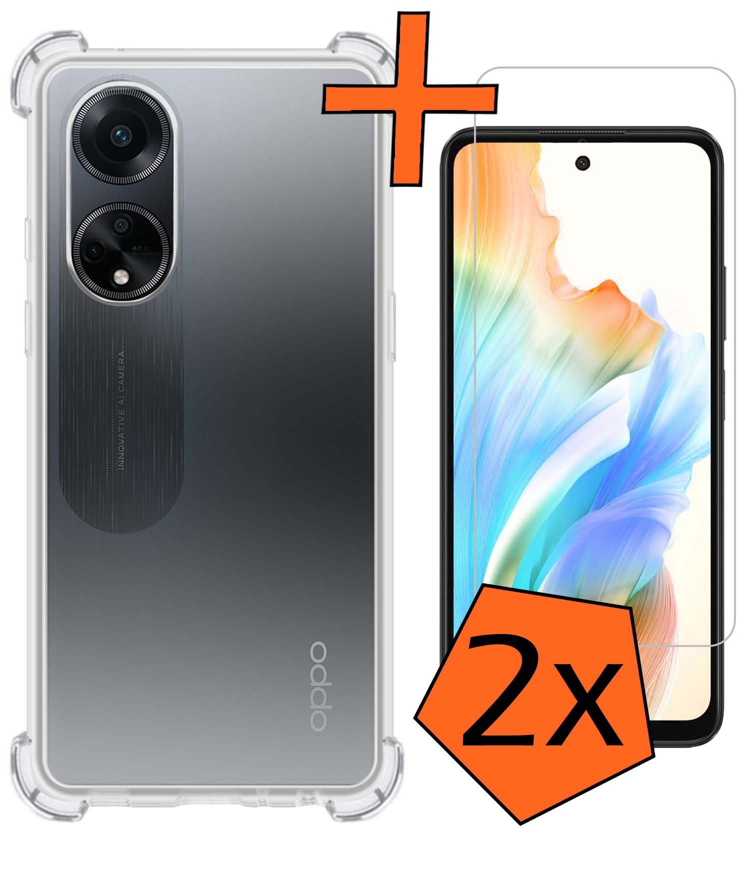Nomfy Hoesje Geschikt voor OPPO A98 Hoesje Shock Proof Cover Case Shockproof Met 2x Screenprotector - Hoes Geschikt voor OPPO A98 Hoes Siliconen Back Case - Transparant